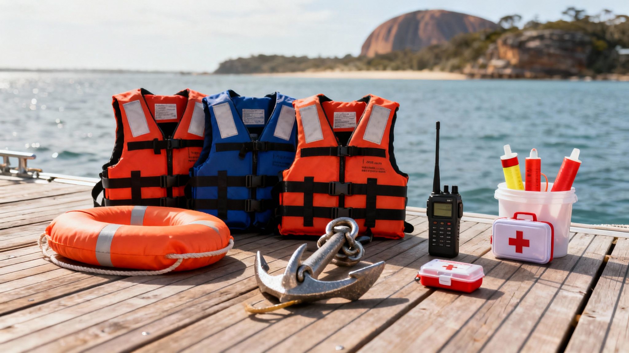 Boating safety equipment, including life jackets, a life ring, first aid kits, and a radio, on a wooden dock.