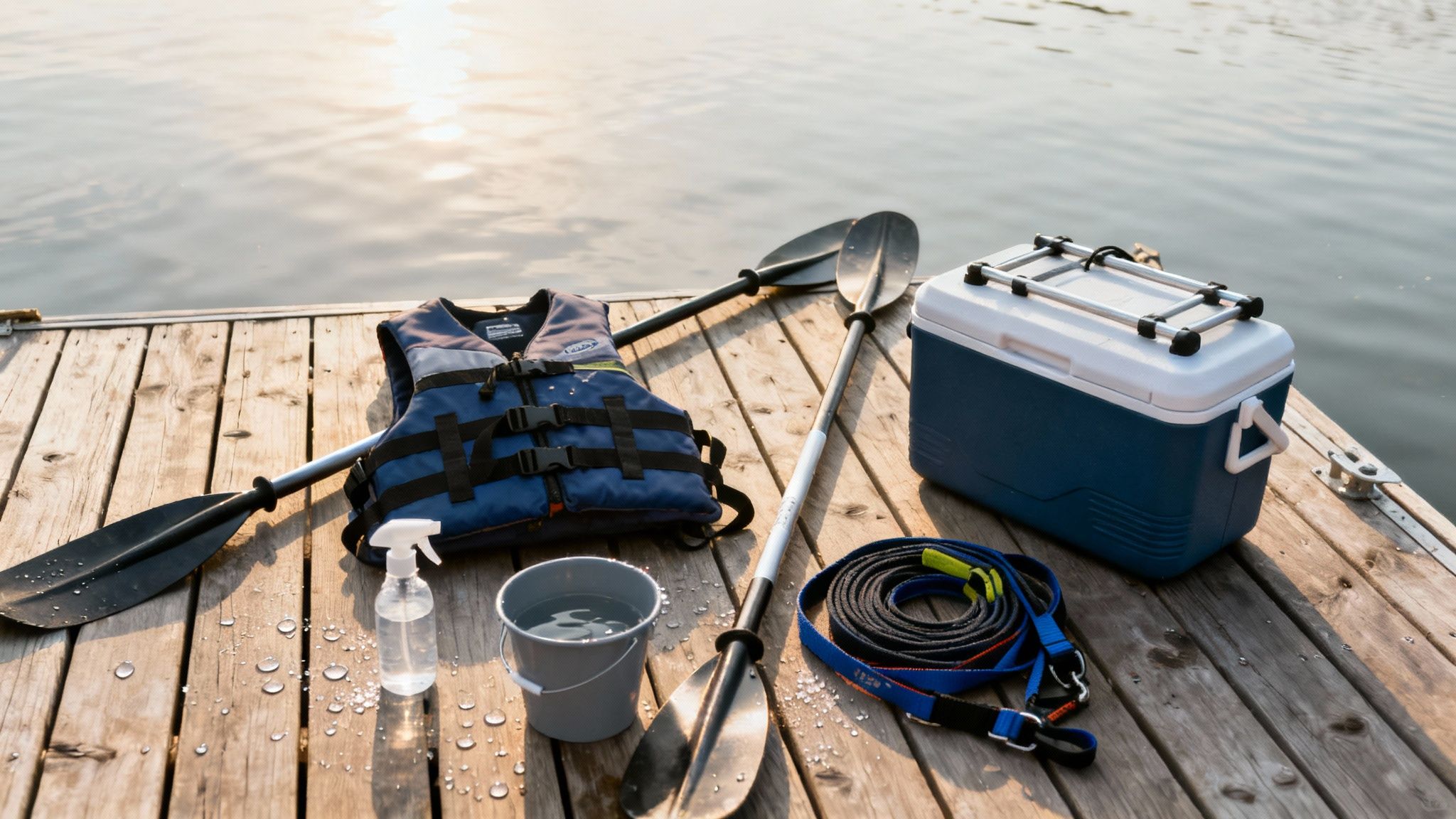 A collection of kayak gear including a paddle and life vest resting on a sit on top kayak by the water