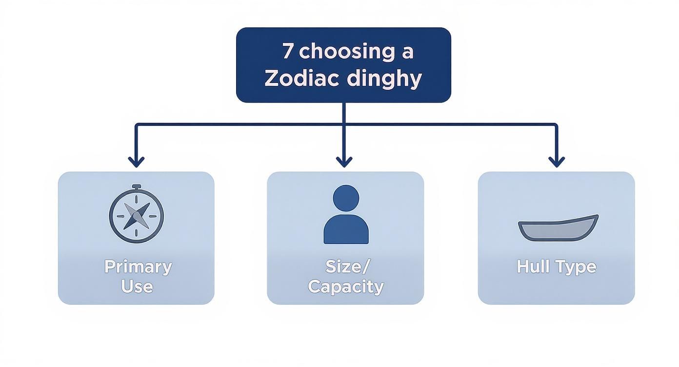 Flowchart outlining three key factors for choosing a Zodiac dinghy: Primary Use, Size/Capacity, and Hull Type.