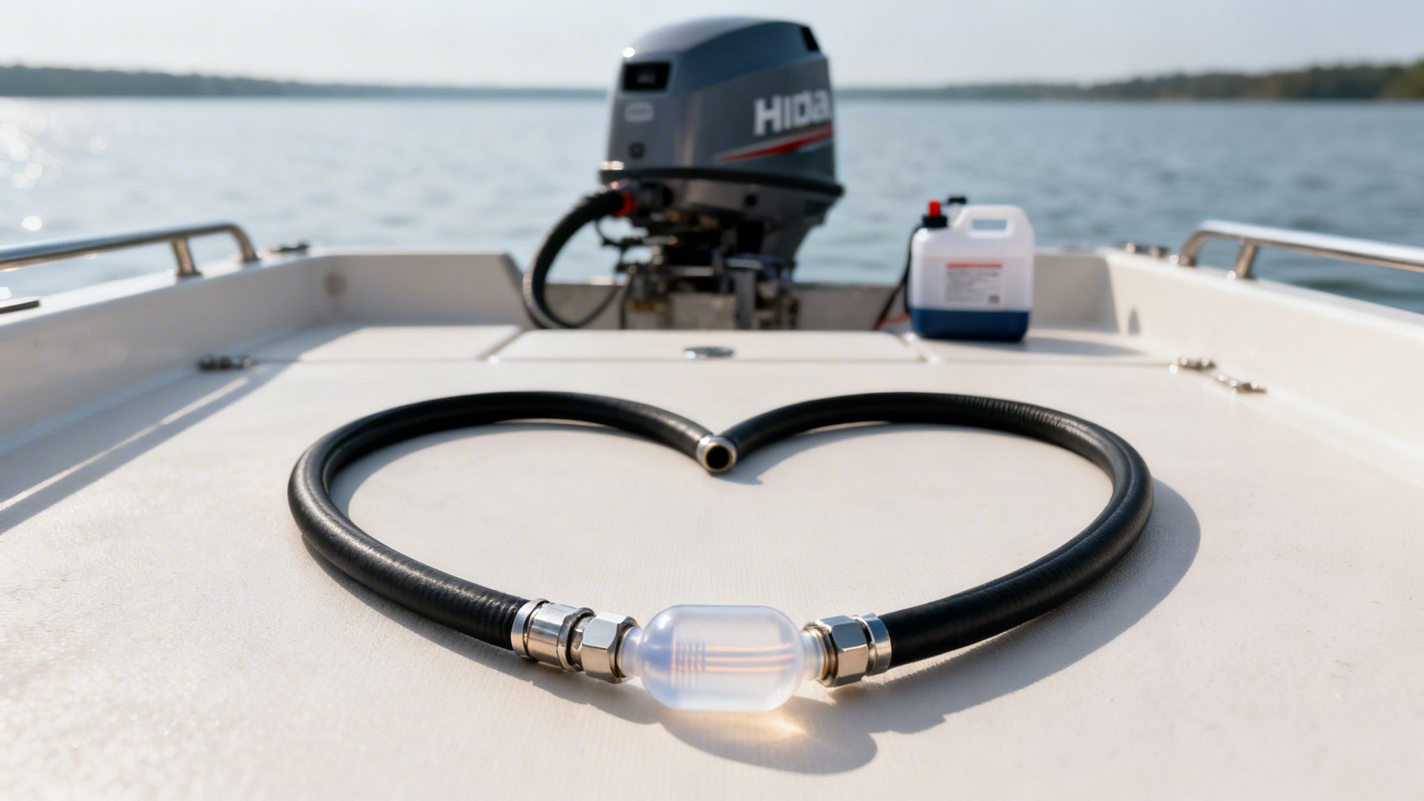 Heart-shaped boat fuel line with a clear filter, on a boat deck with an outboard motor.