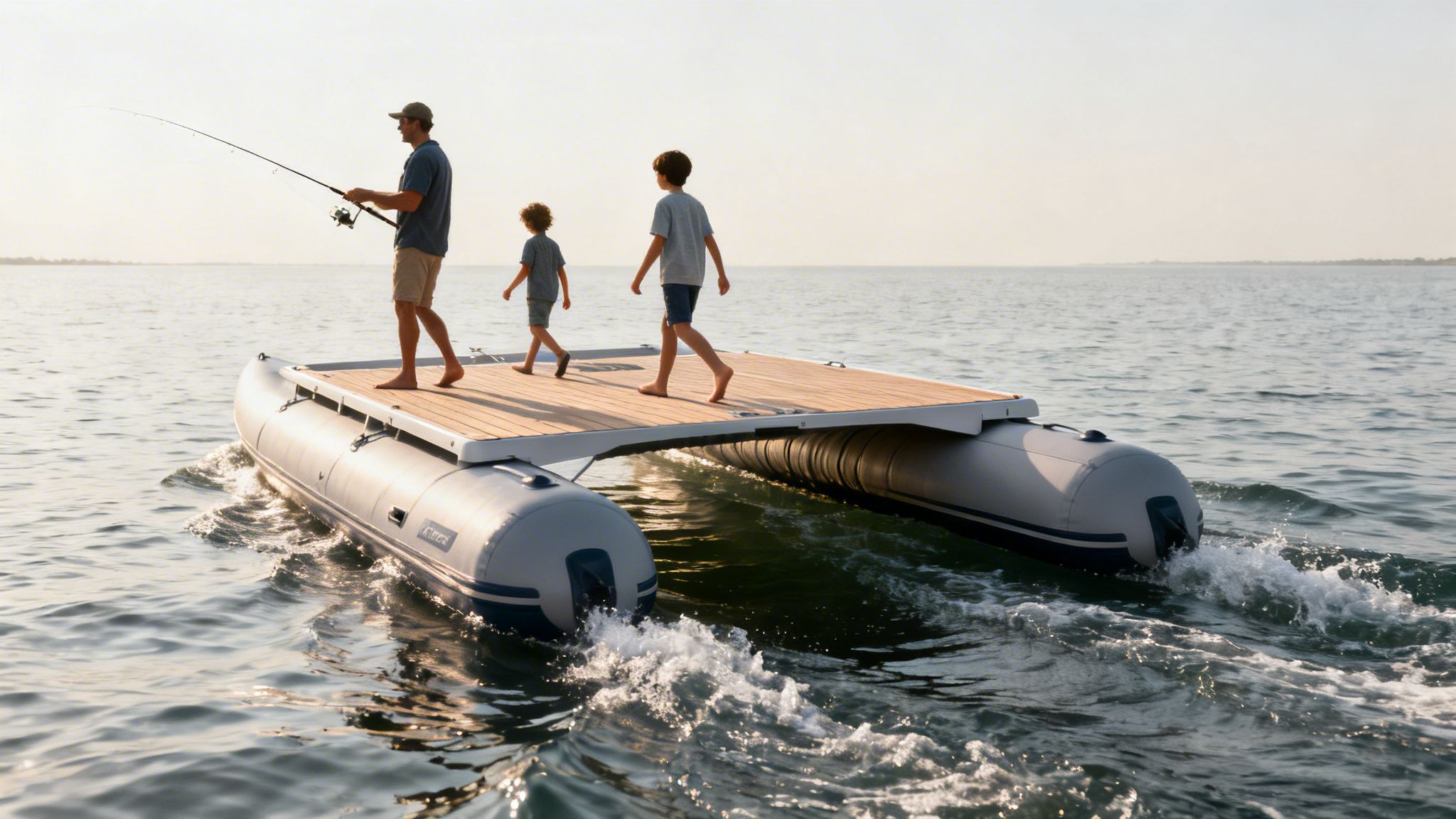 A man fishing and two boys walking on an inflatable catamaran on calm water.