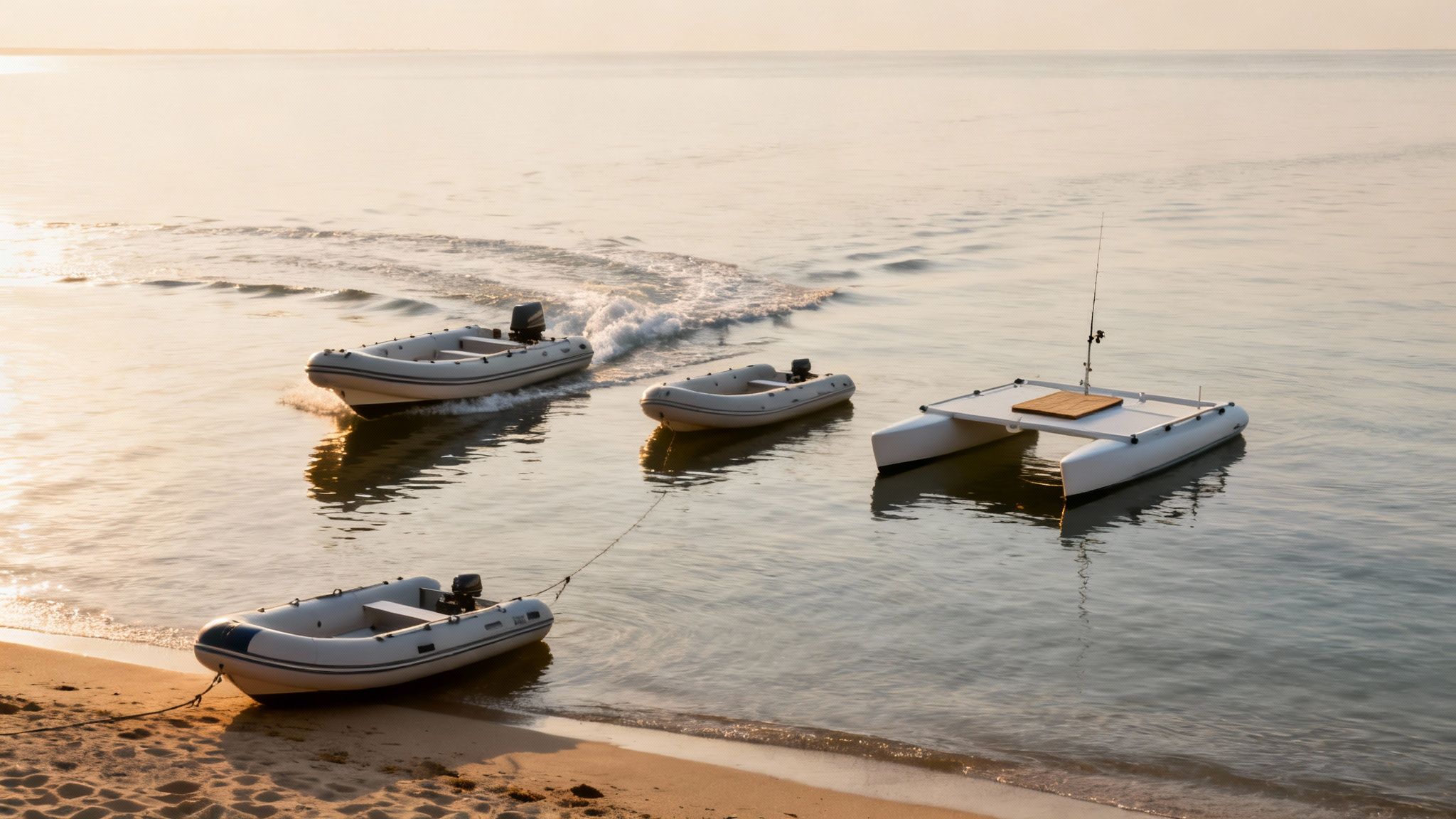 Three inflatable boats and a white catamaran floating on tranquil water during golden hour.