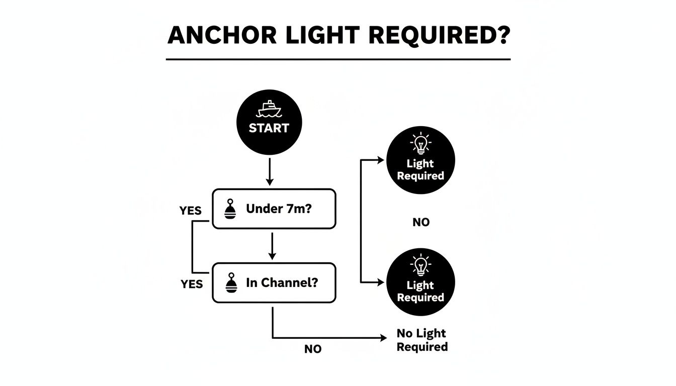 Flowchart showing when an anchor light is required for a boat based on length and channel location.