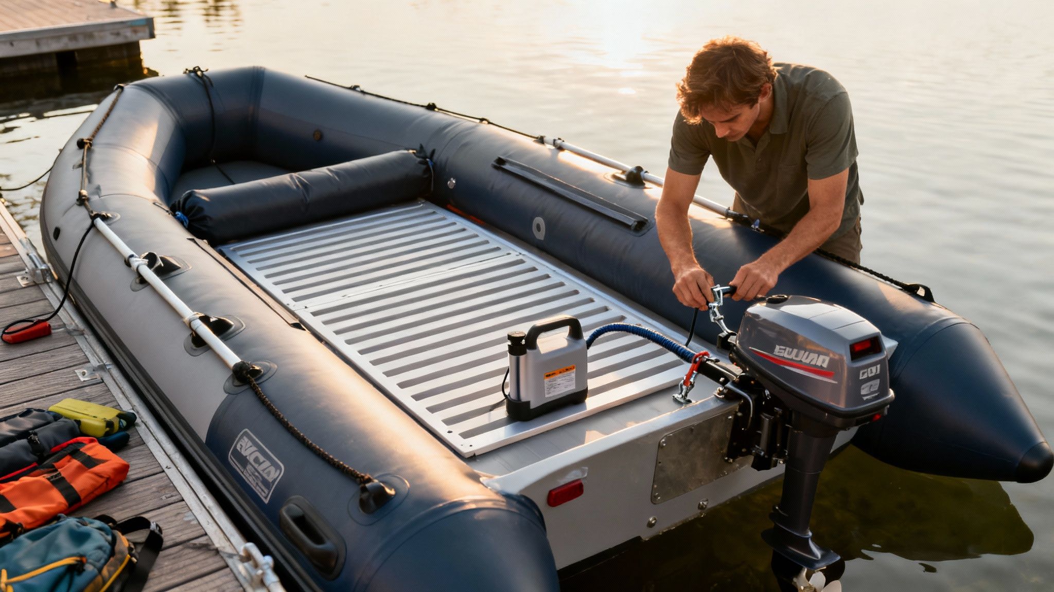 Man preparing an inflatable boat with an outboard motor and fuel tank at sunset.