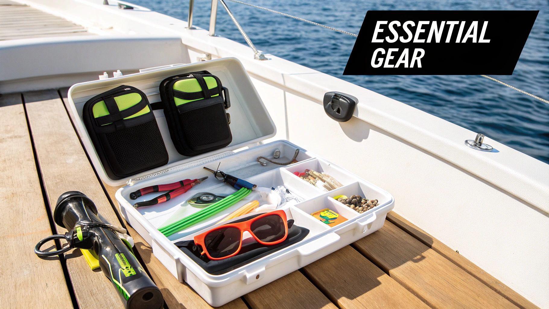 A well-organised tackle box with various fishing accessories.