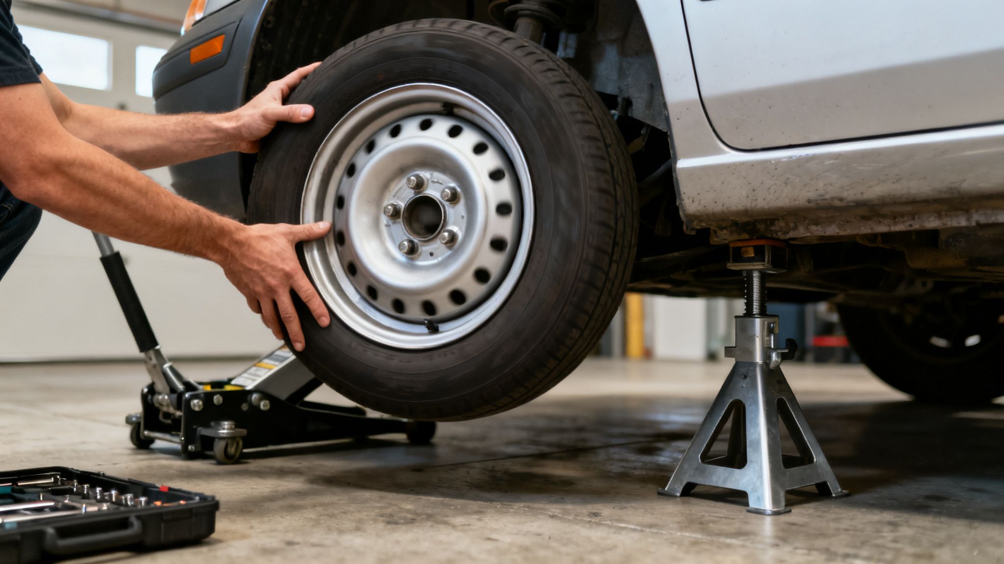 A person's hands are seen removing a car tire, with the vehicle secured by a jack stand and floor jack.