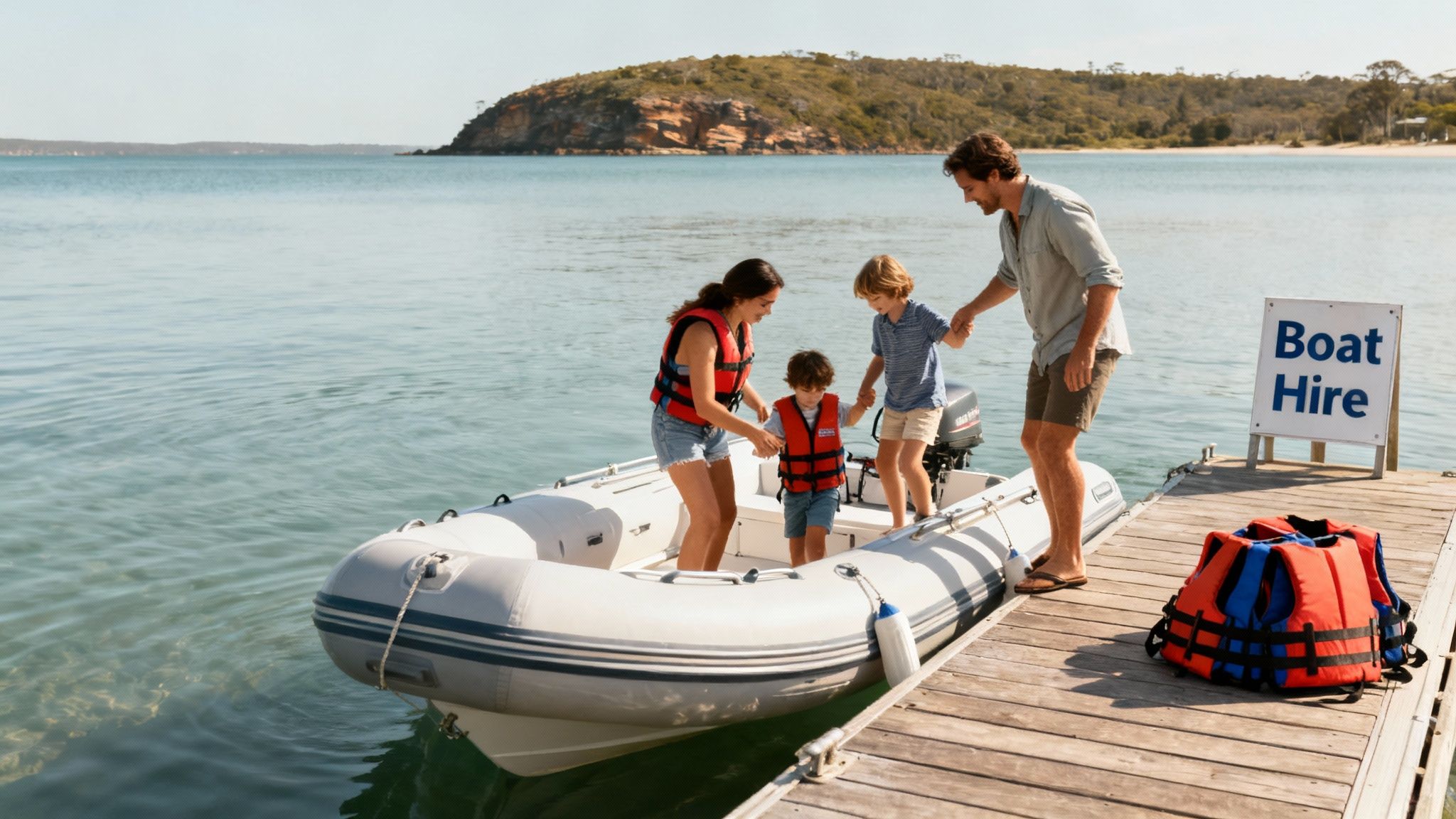 Family enjoying a day out on a hired inflatable boat