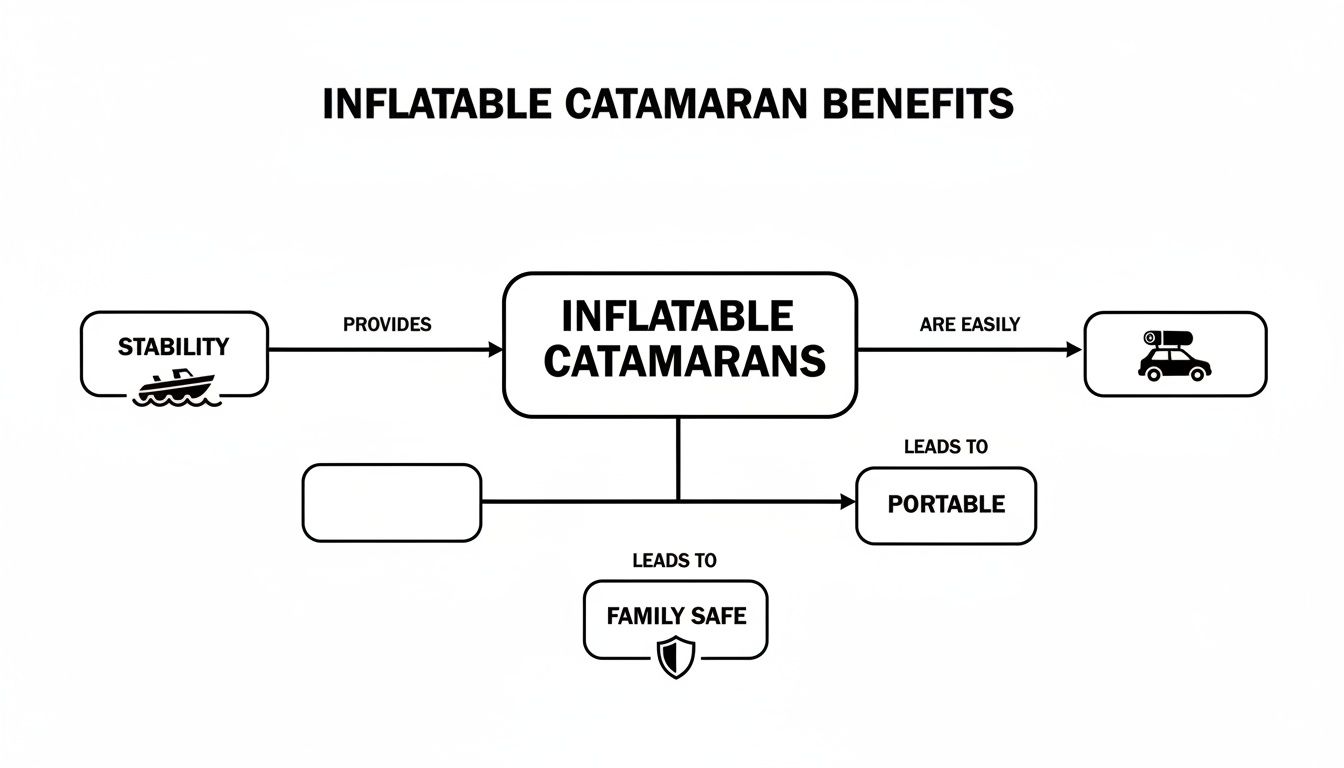 Flowchart illustrating the benefits of inflatable catamarans, including stability, easy transport, portability, and family safety.