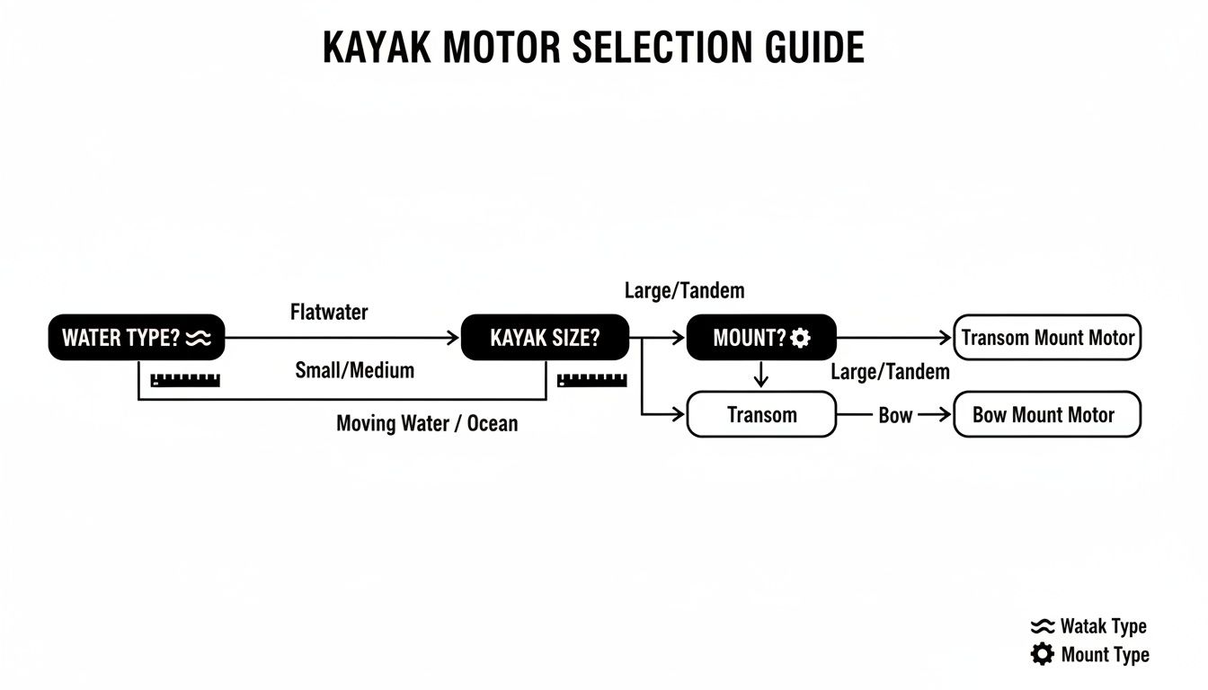 Flowchart guide for selecting kayak motors based on water type, kayak size, and mounting preferences.