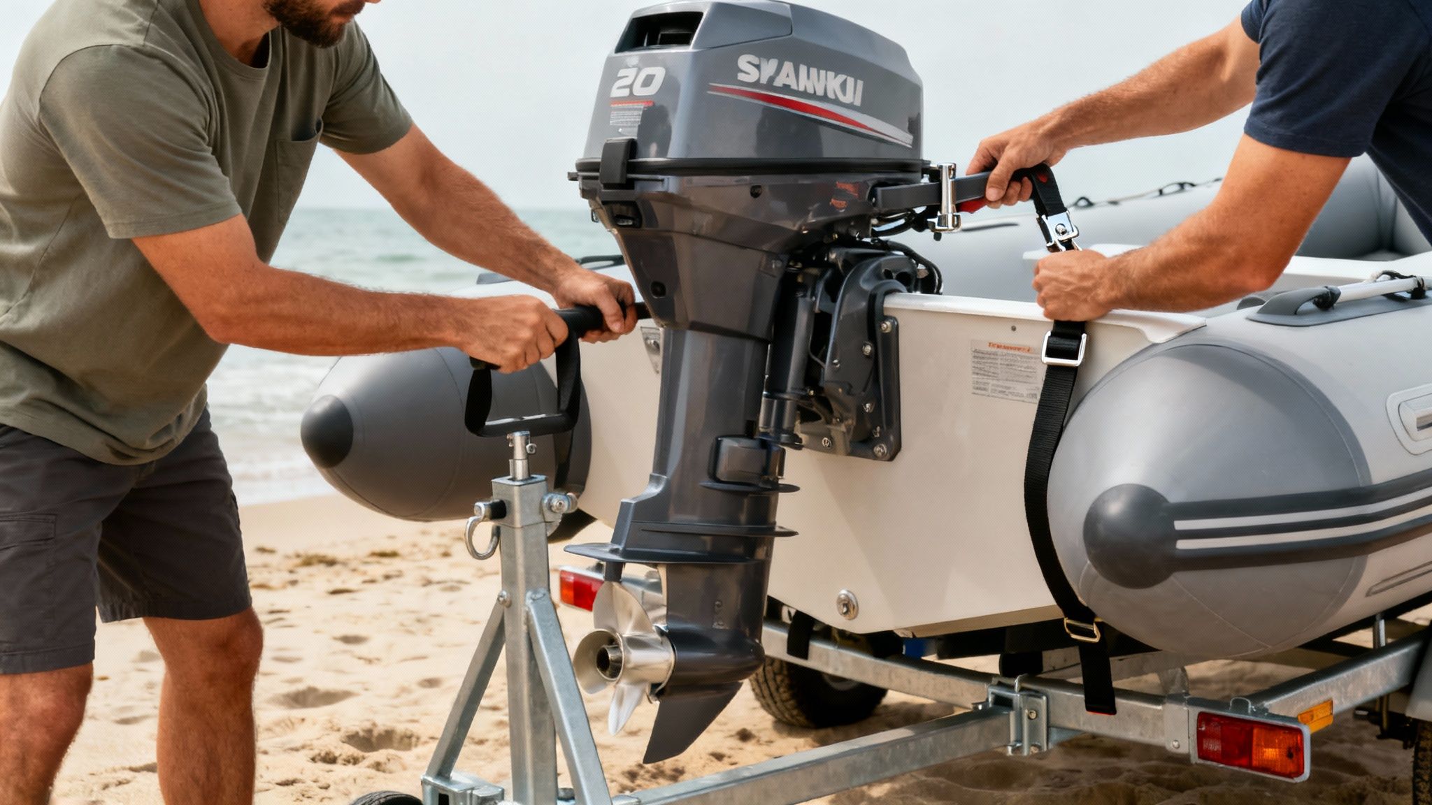 Two men are attaching a Syanki 20 HP outboard motor to an inflatable boat on a beach trailer.