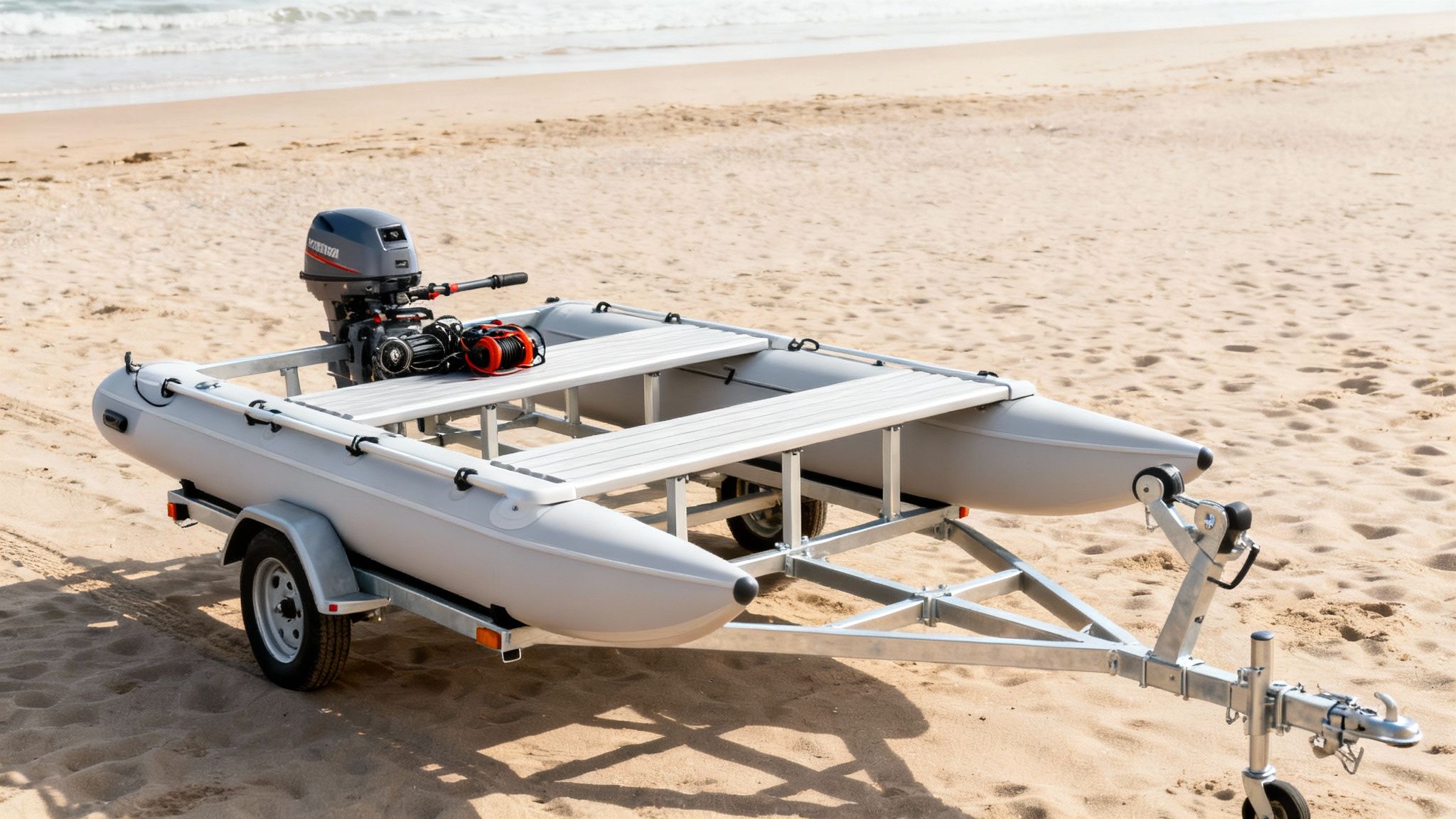 A light grey inflatable catamaran boat with an outboard motor on a silver trailer parked on a sandy beach.