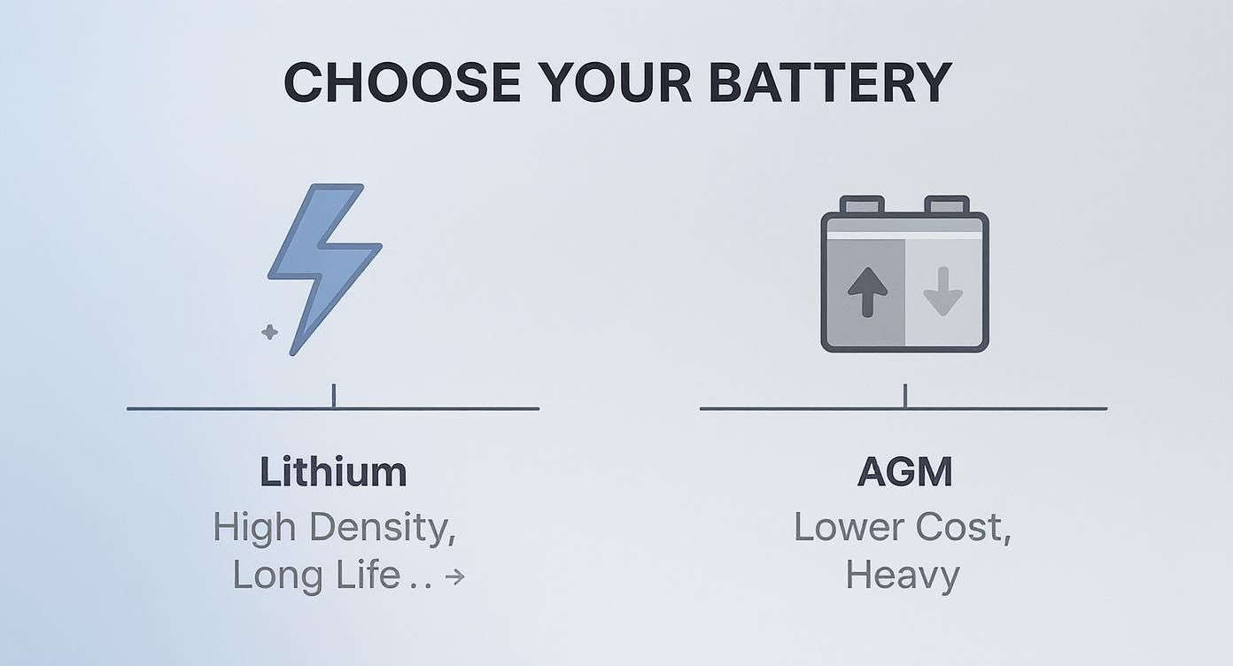A graphic displaying battery options: Lithium (high density, long life) and AGM (lower cost, heavy).