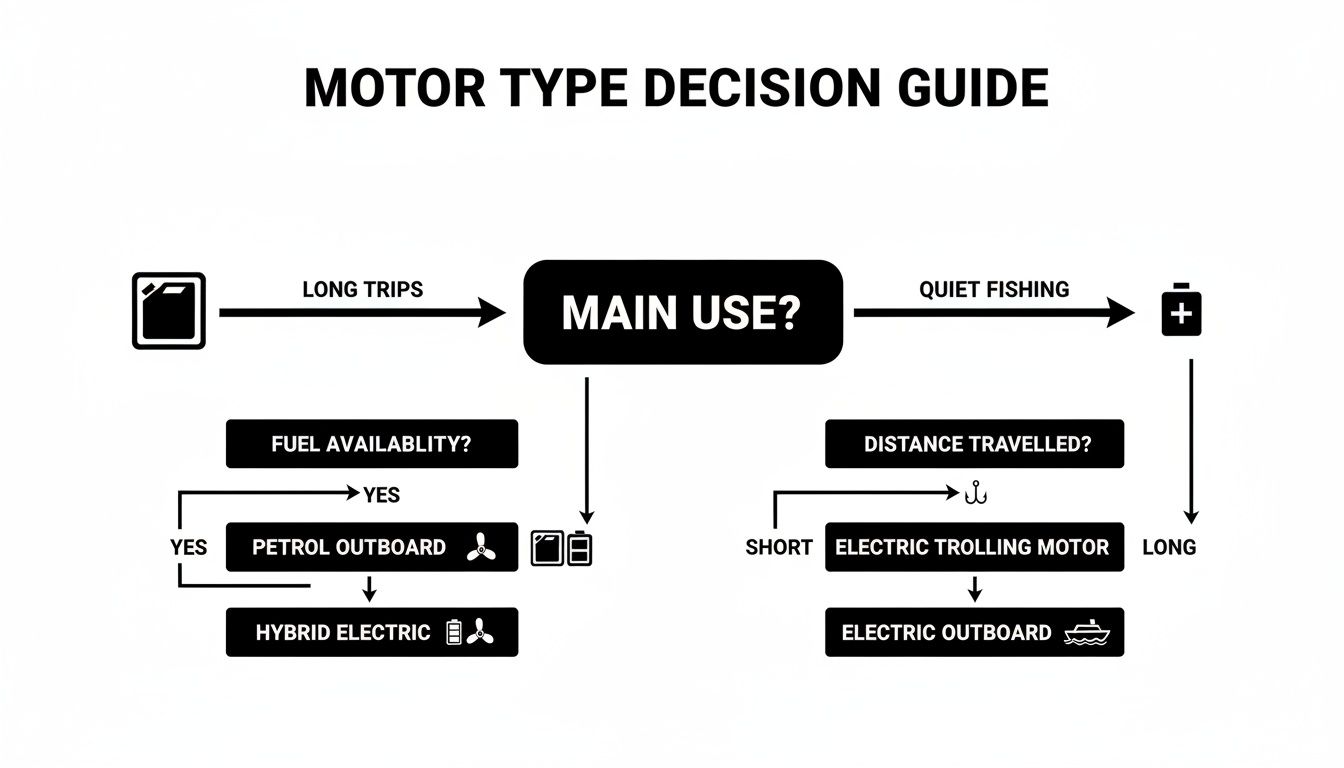 A motor type decision guide flowchart for boats, helping choose between petrol, hybrid, and electric motors.
