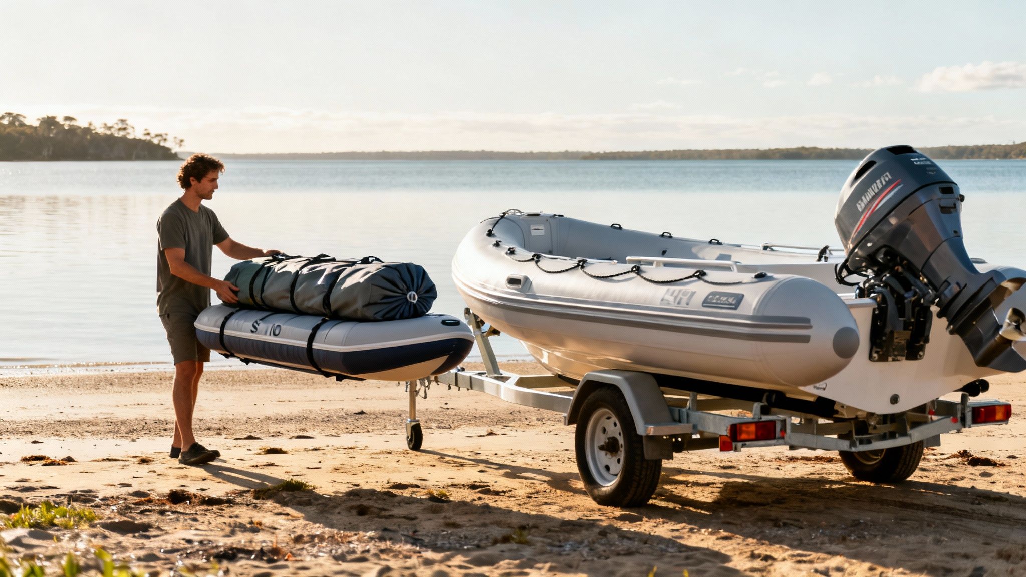 Man on sandy beach preparing two inflatable boats, one on a trailer, by the water.