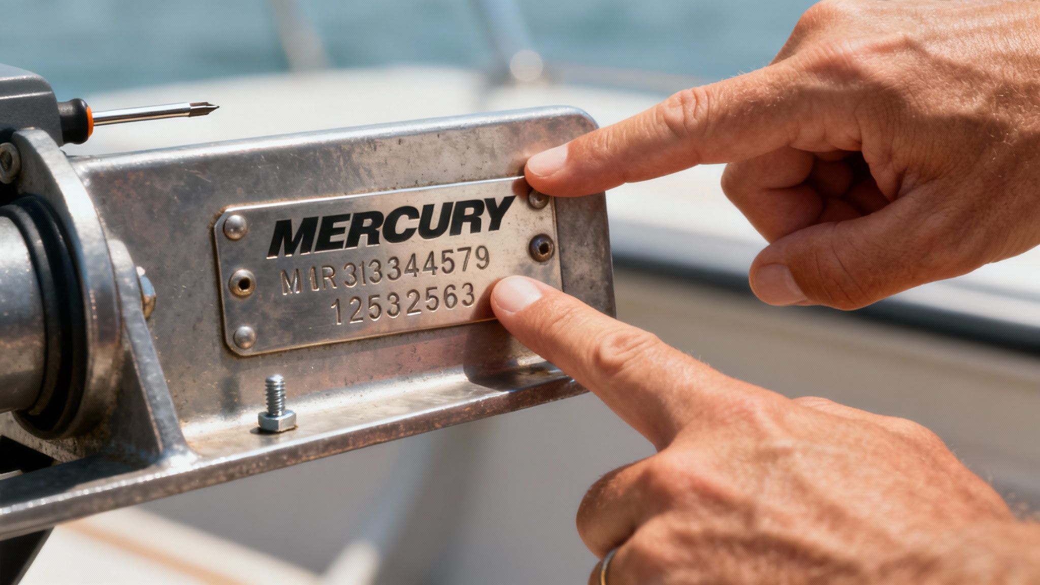 A close-up of a Mercury outboard's serial number tag, a key element for ordering parts