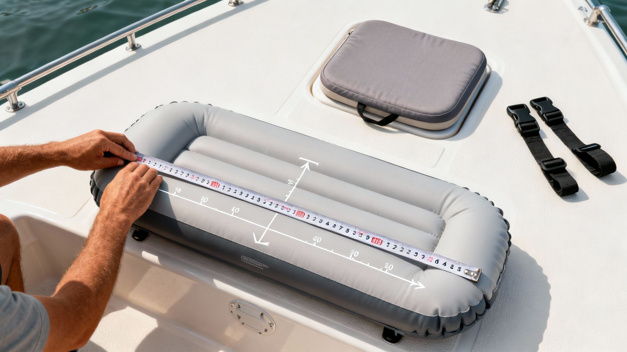 A person measuring an inflatable gray boat seat pad with a tape measure on a boat deck.