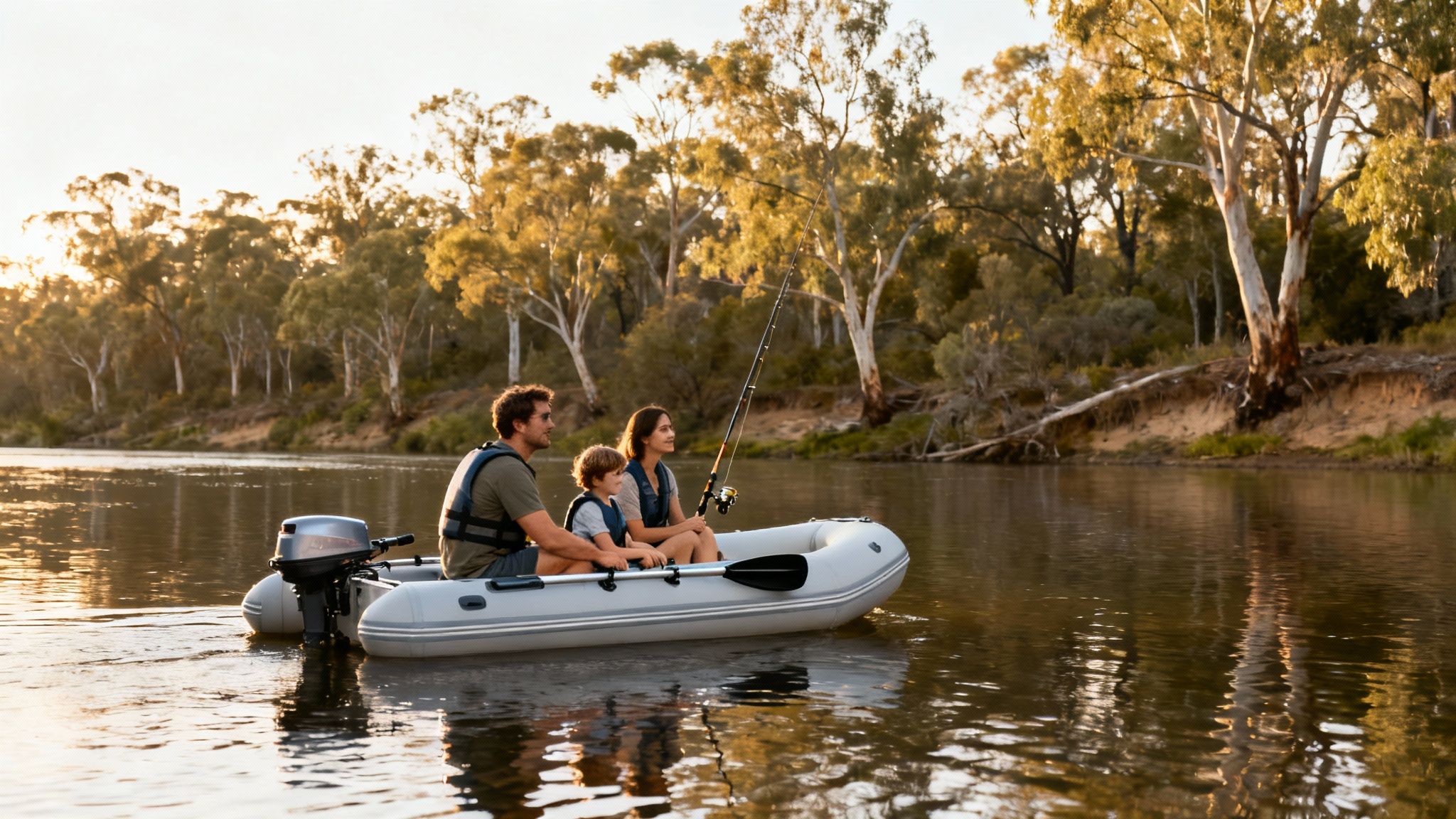 Family fishing from inflatable boat with outboard motor on calm river in Australia