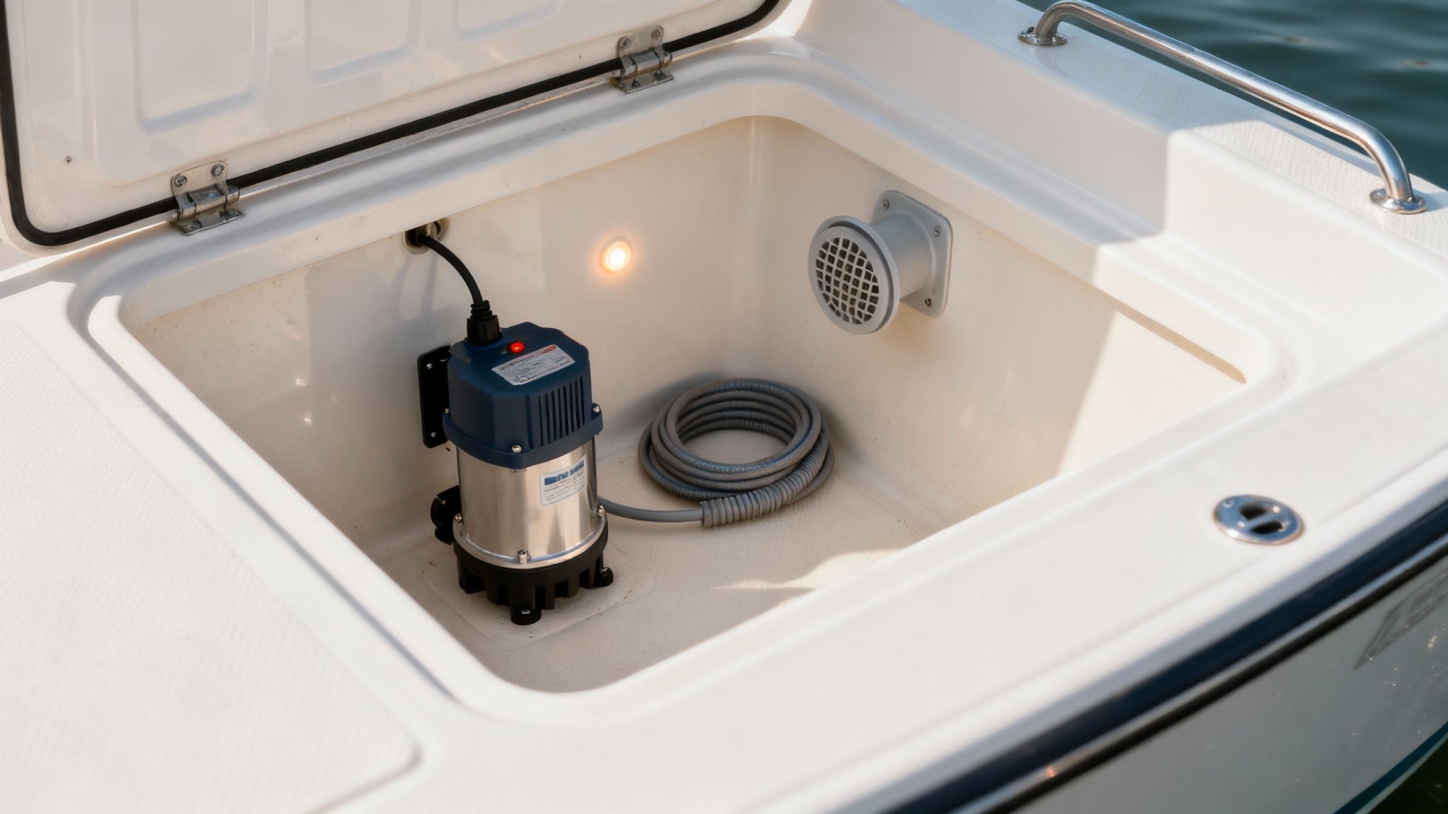 An automatic bilge pump installed in the bilge of a boat, ready to protect the vessel from water ingress.