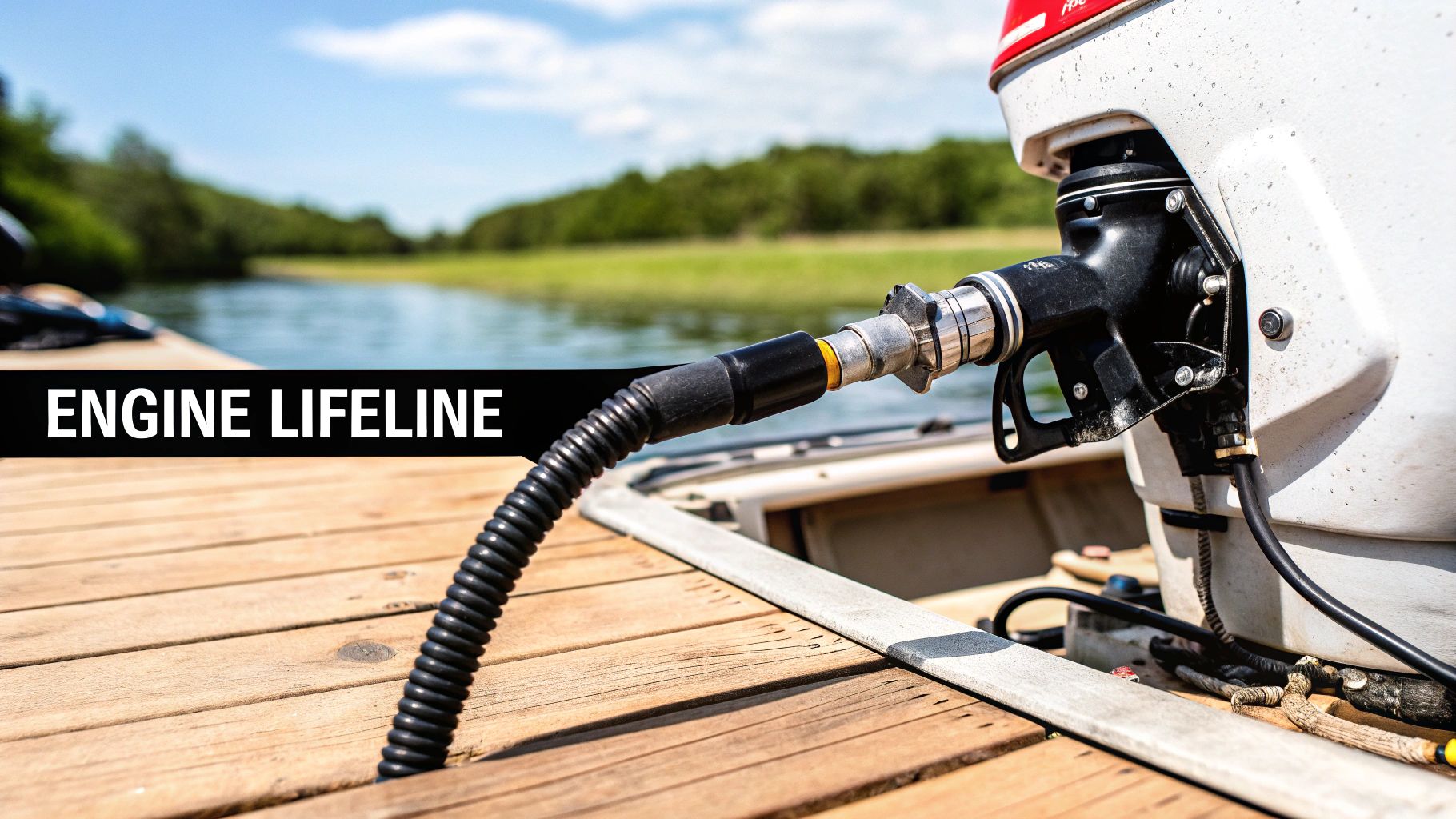 A person inspecting an outboard engine fuel line connected to a red fuel tank on a boat.