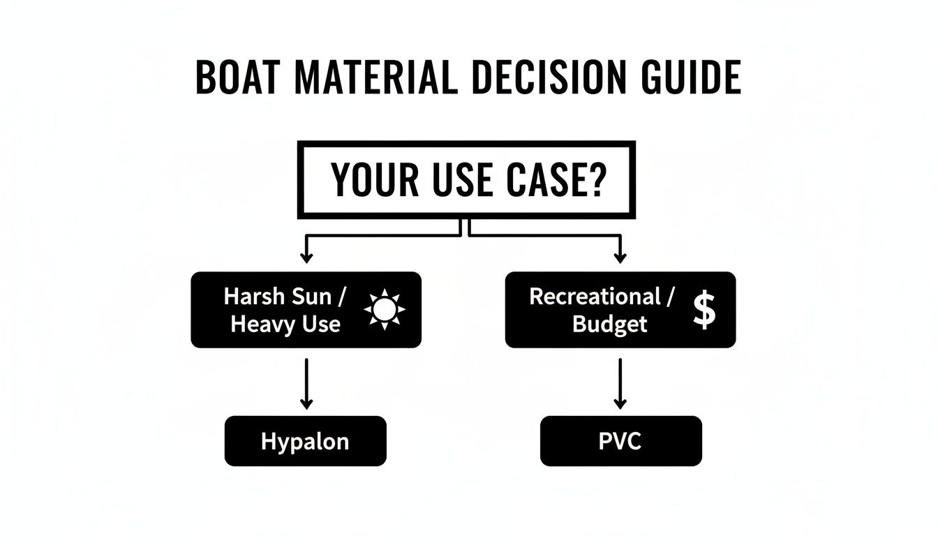 Decision guide flowchart recommending boat material: Hypalon for harsh sun/heavy use, PVC for recreational/budget use.