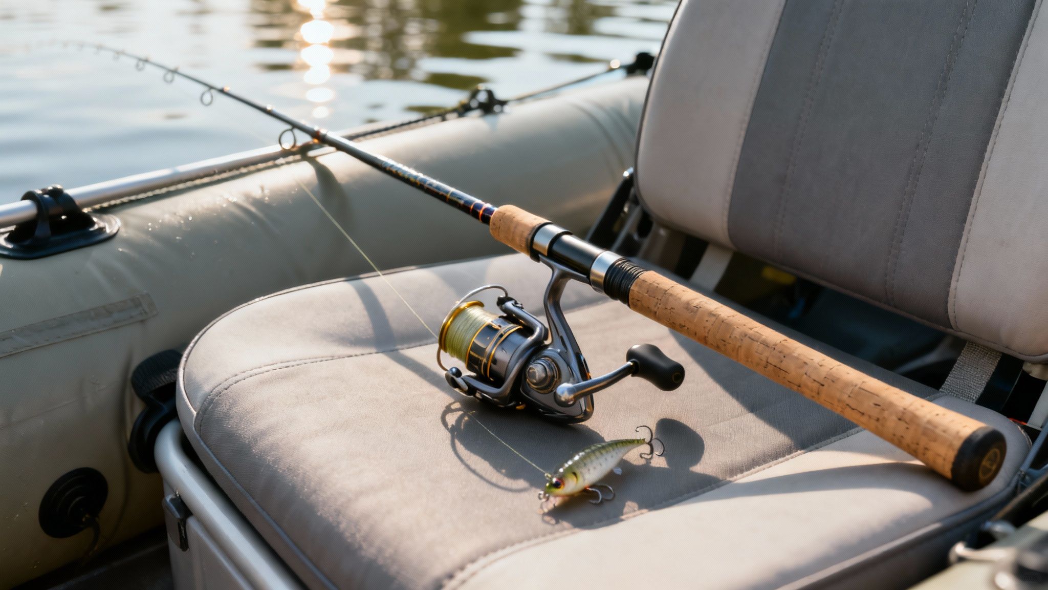 Fishing rod with spinning reel and lure on inflatable boat seat ready for angling