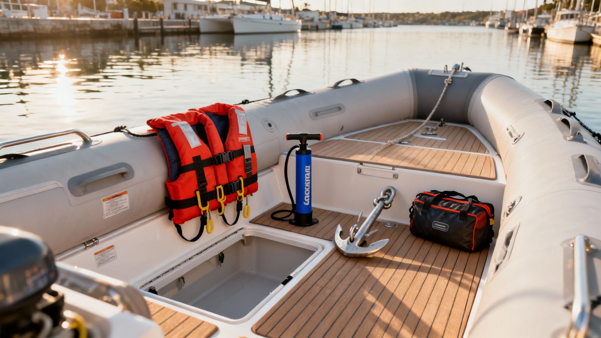 Boating safety gear including life jackets, an anchor, and a pump inside a boat.