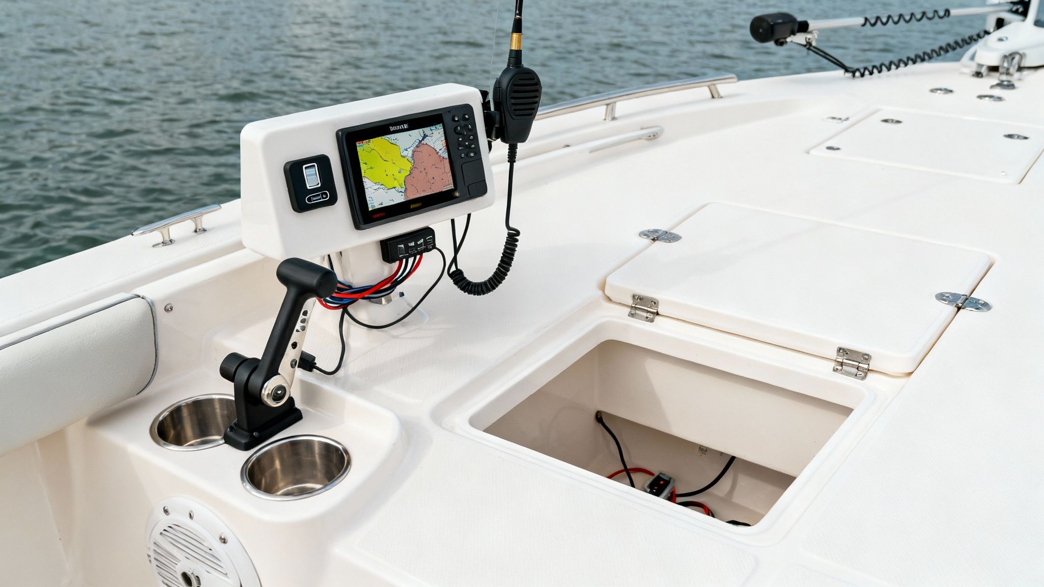 A boat owner installing electronics and accessories onto a newly fitted centre console.
