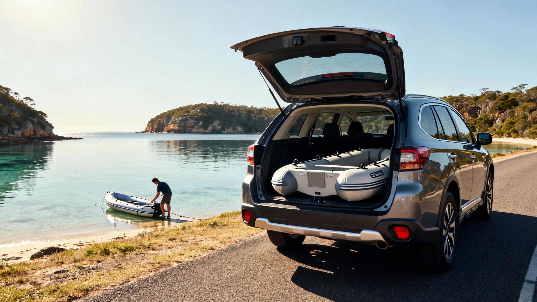 A person prepares an inflatable boat on a sunny beach next to an SUV with a boat in its trunk.