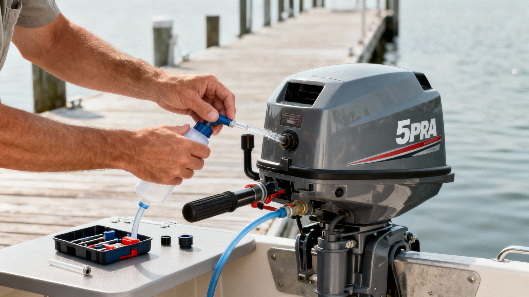Close-up of a person flushing a 5HP outboard motor with a squeeze bottle on a boat.