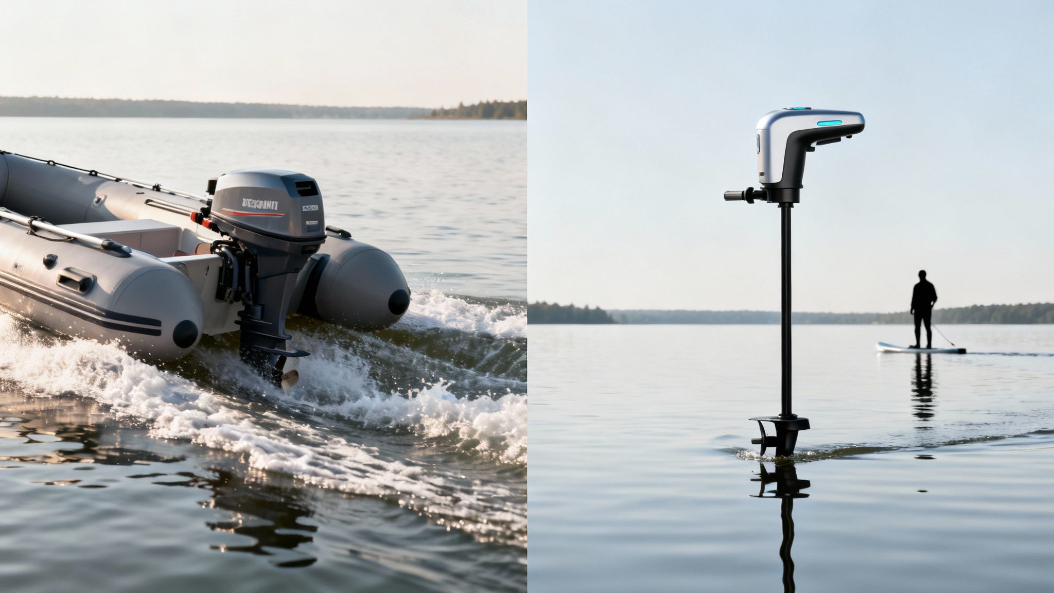 Two distinct boat motors: a conventional outboard on an inflatable boat, and a modern electric motor.