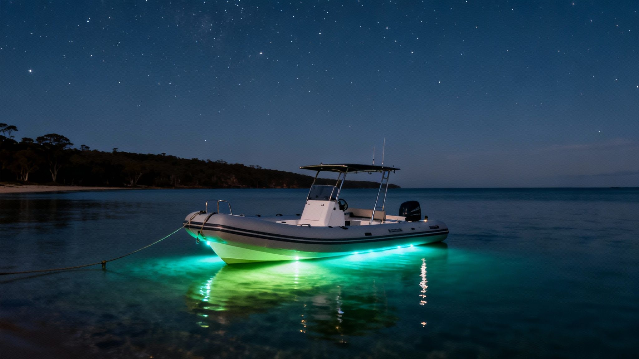 A boat with vibrant green underwater lights glows in calm water under a starry night sky.