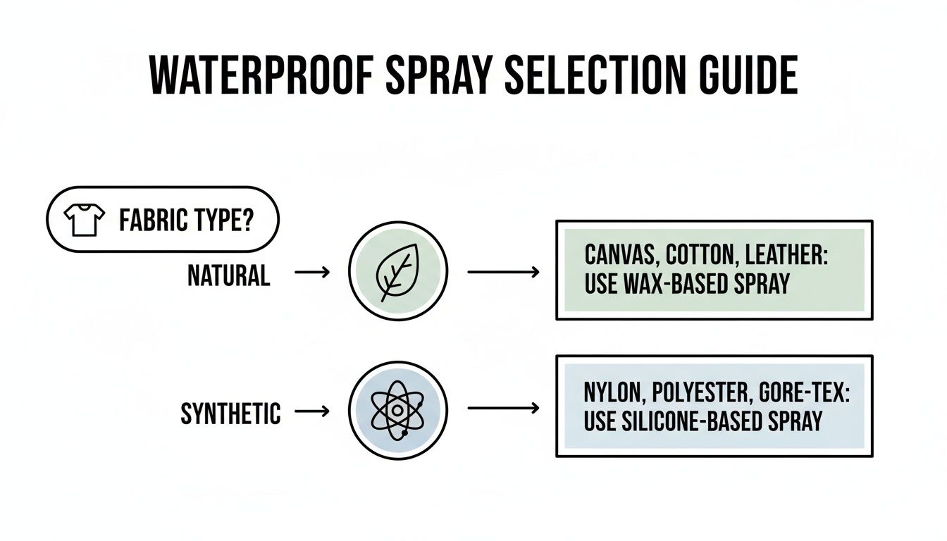 A guide for selecting waterproof sprays based on fabric type, recommending wax for natural and silicone for synthetic materials.