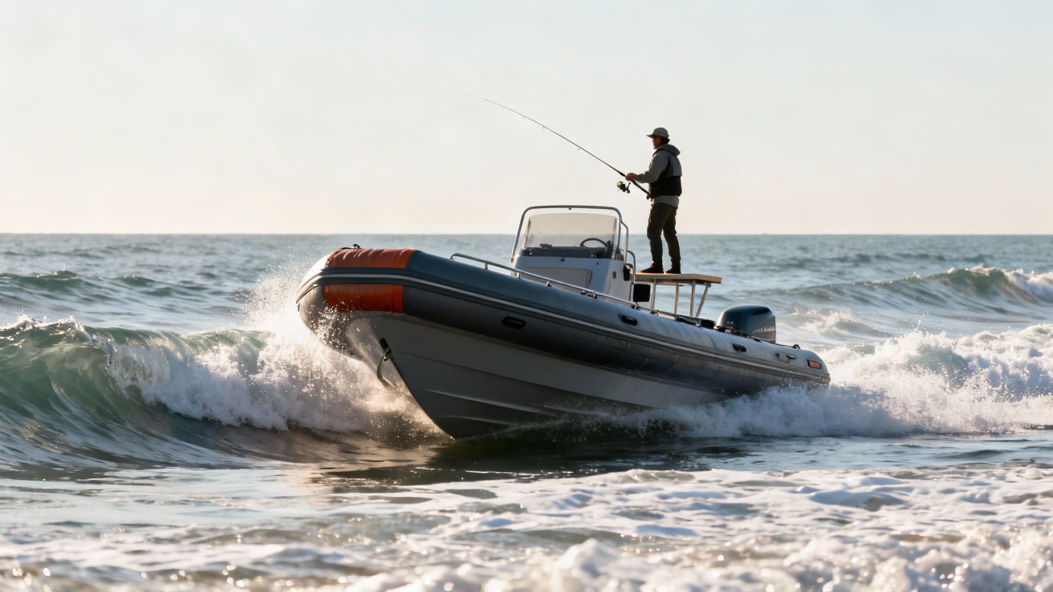 A fisherman stands on a gray rigid inflatable boat, casting a line in ocean waves.