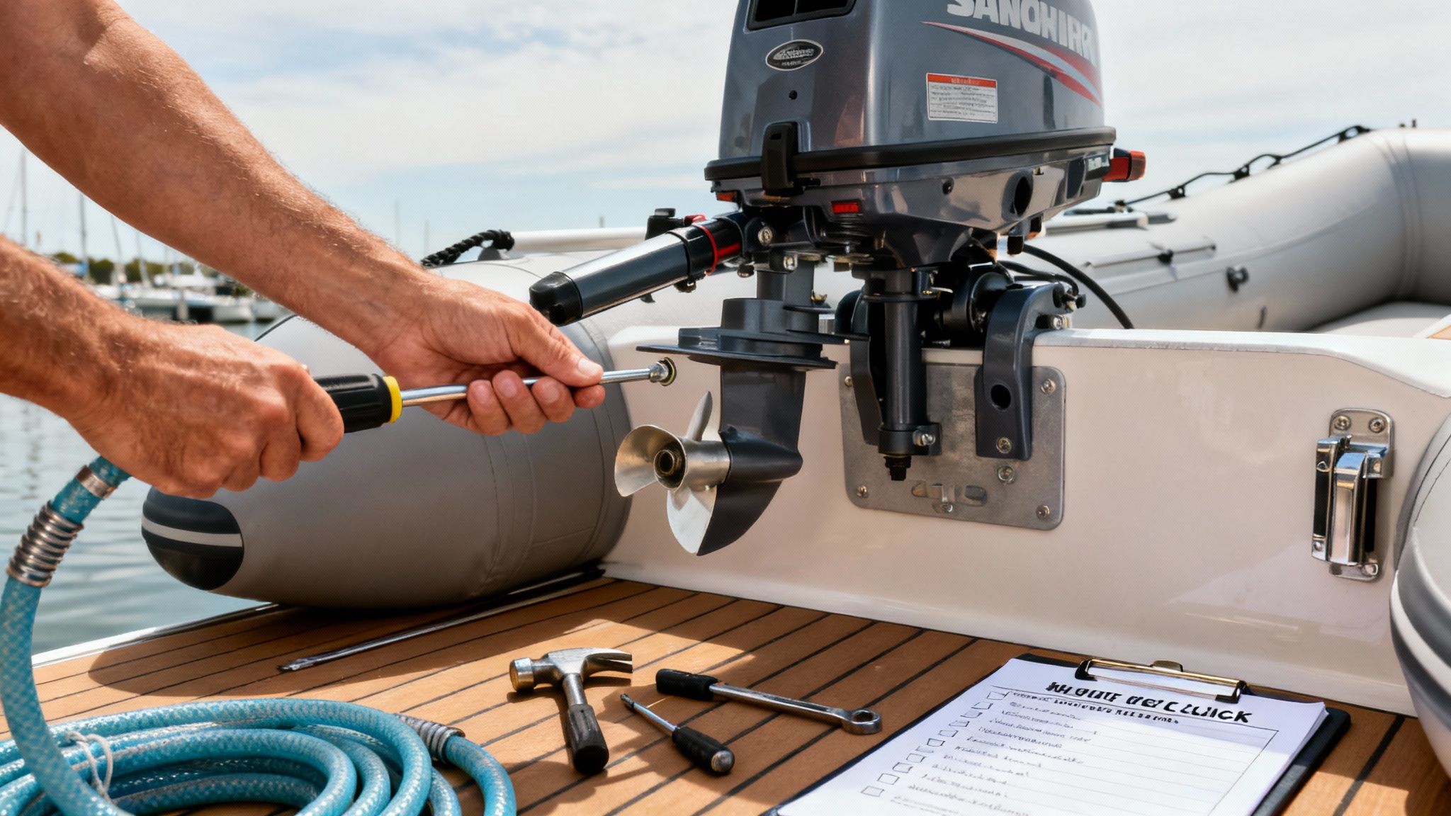 Close-up of hands repairing an inflatable boat's outboard motor with tools on a wooden deck.