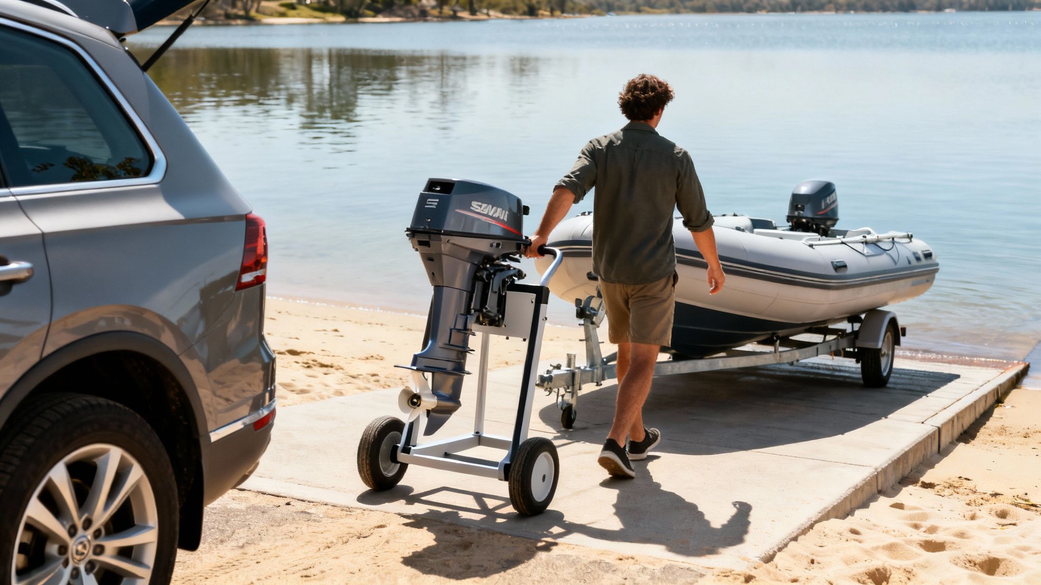 A man pushes a boat motor on a trolley towards a boat on a trailer at a lake.