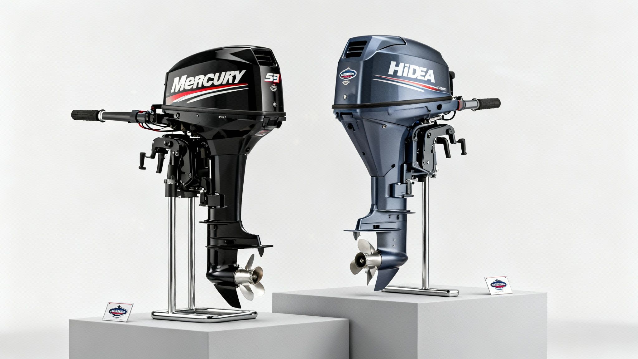 Two boats, one with a Mercury motor and one with a Hidea motor, side-by-side on a calm lake.