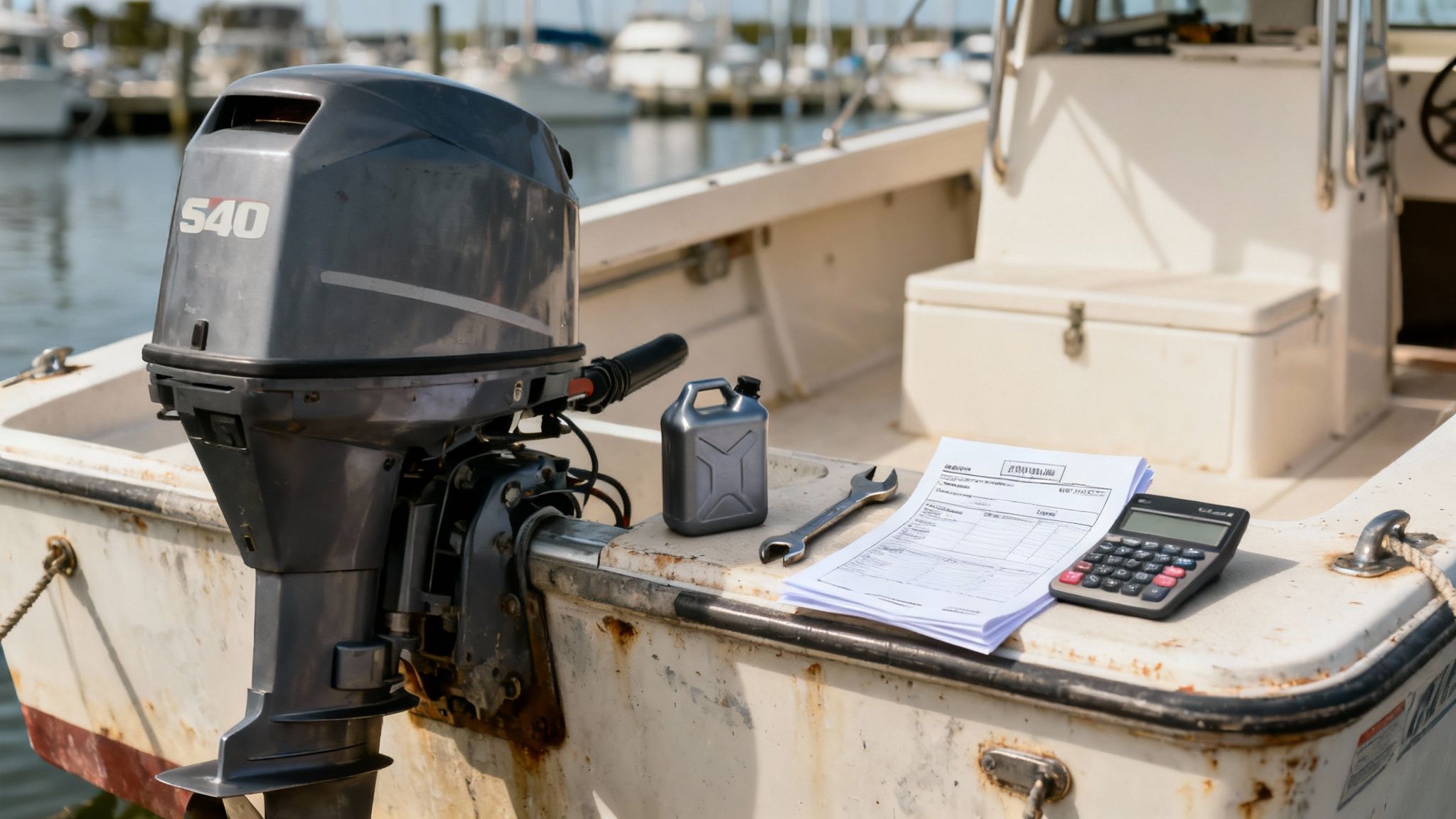 A mechanic installing a new Mercury outboard onto the transom of a fishing boat
