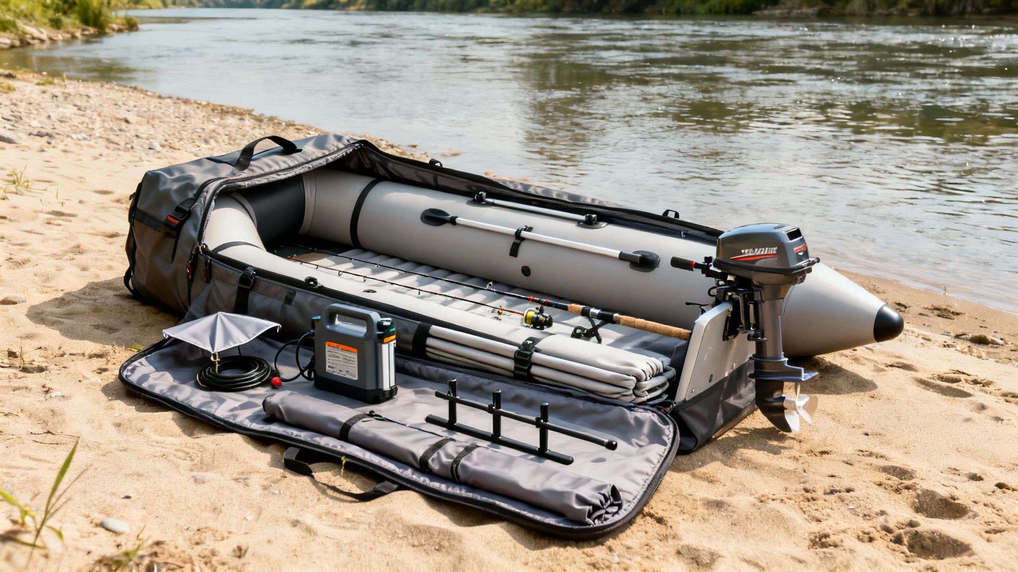 An inflatable fishing boat with an outboard motor, fishing rods, and accessories on a sandy riverbank.