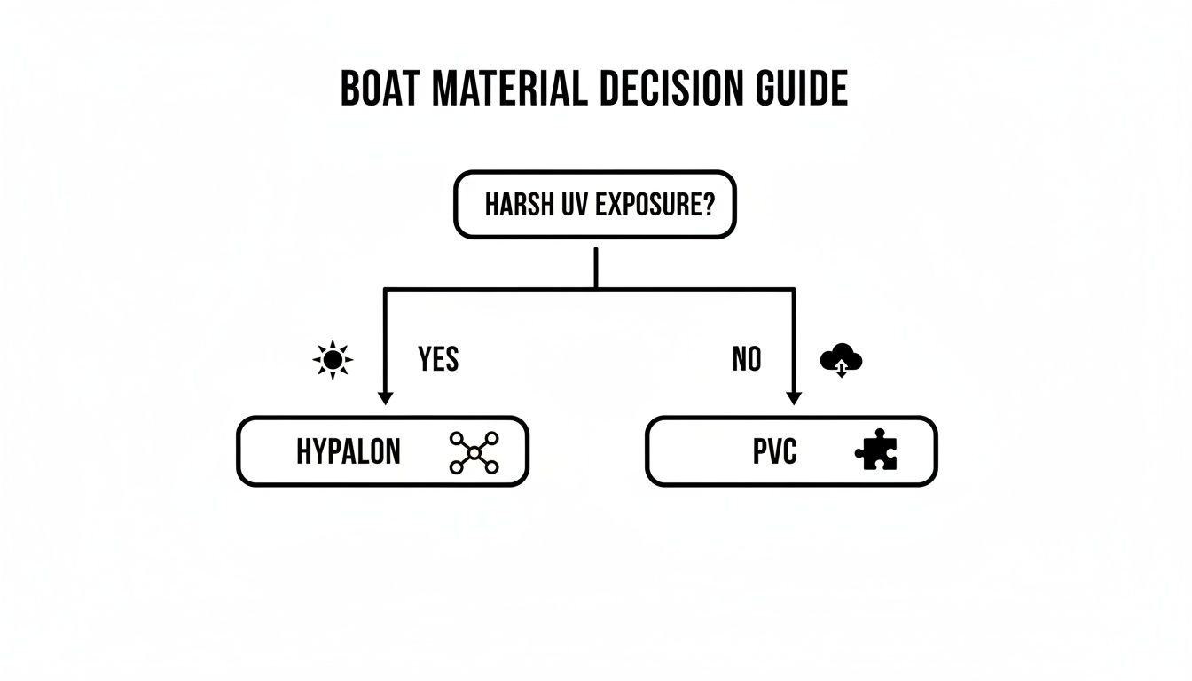 Decision guide for boat material: choose Hypalon for harsh UV exposure, otherwise select PVC.