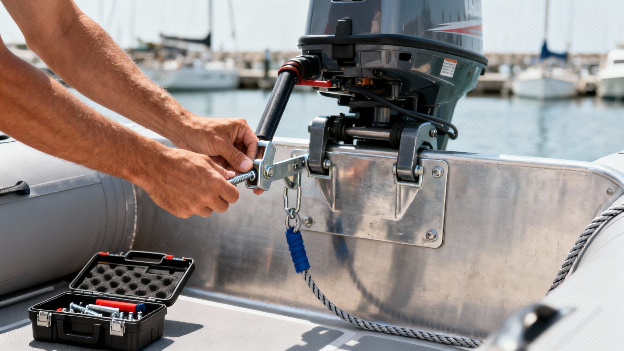 Close-up of hands attaching an outboard motor to an inflatable boat, with a toolkit nearby.
