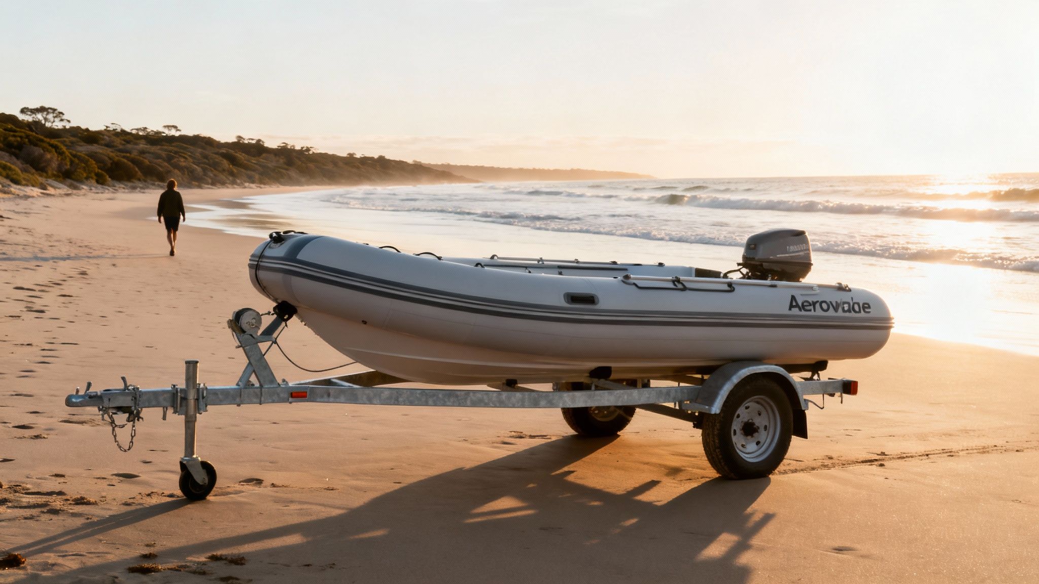 A small grey inflatable boat on a trailer parked on a sandy beach at sunset.