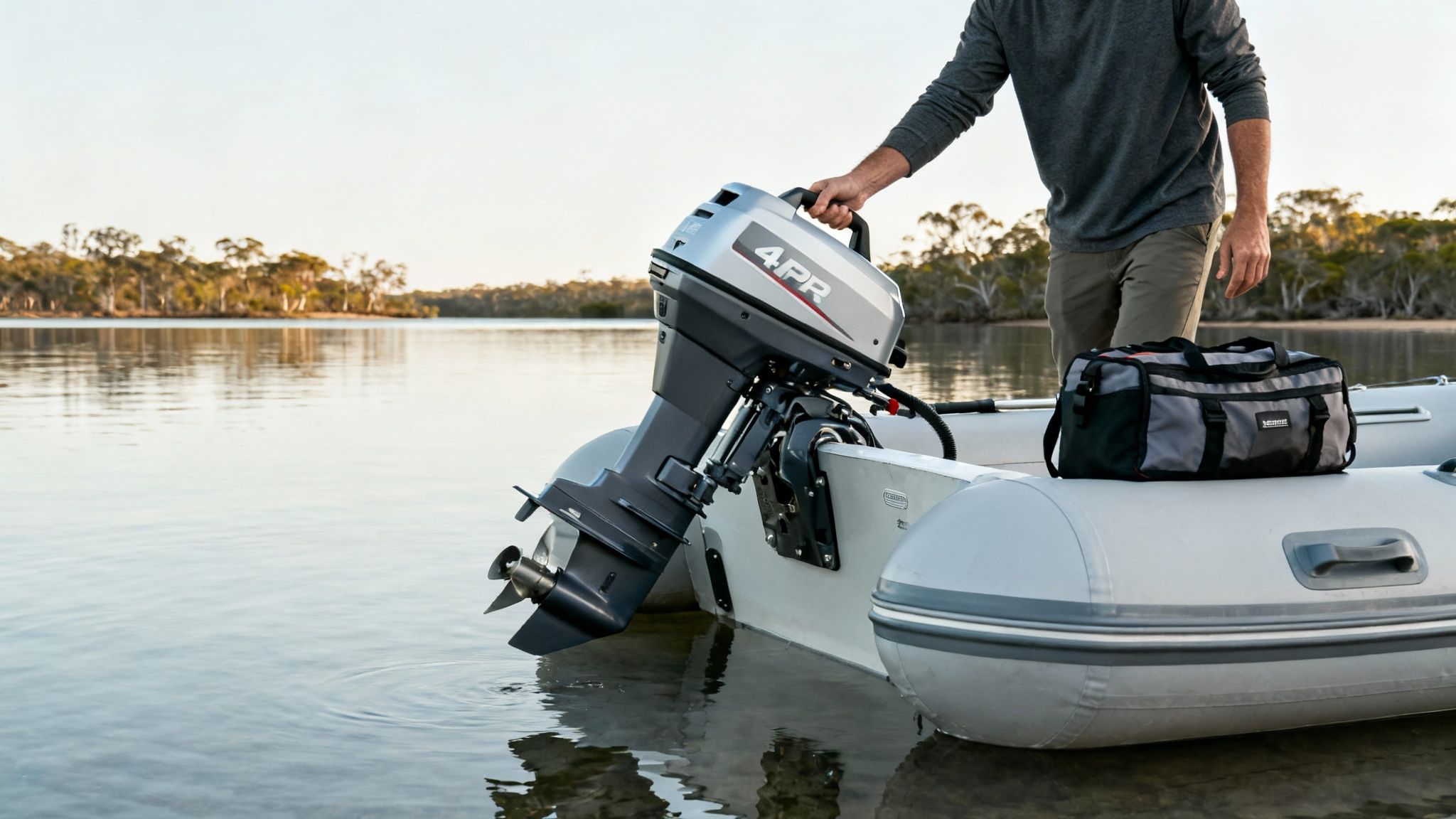 A person lowers a silver 4PR outboard motor into the water from a grey inflatable boat.