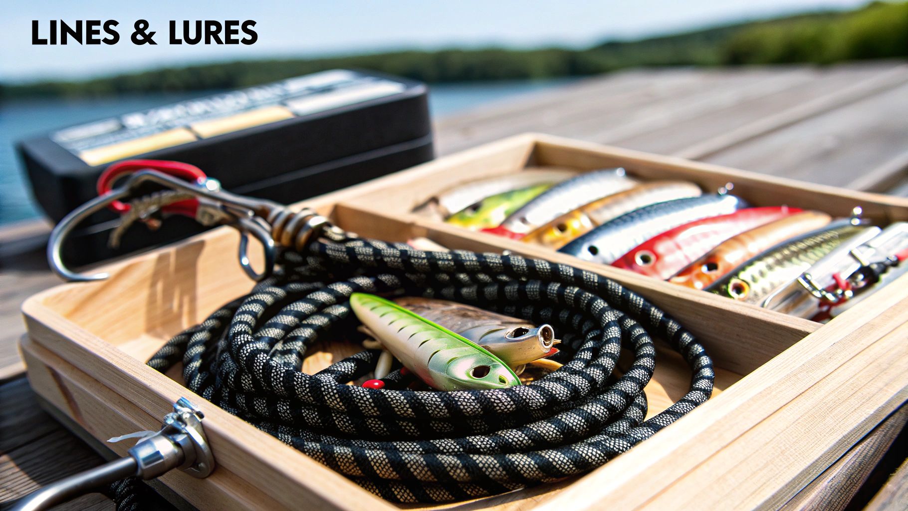 Assortment of colourful fishing lures and lines neatly organised in a tackle box.