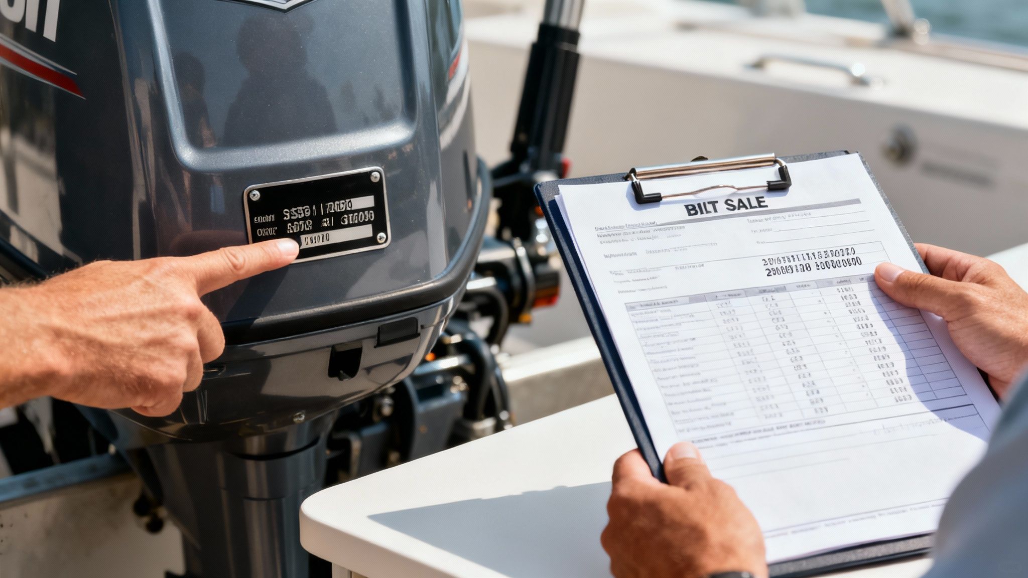 A person shaking hands with another in front of a boat with a second hand outboard engine, symbolizing a successful deal.