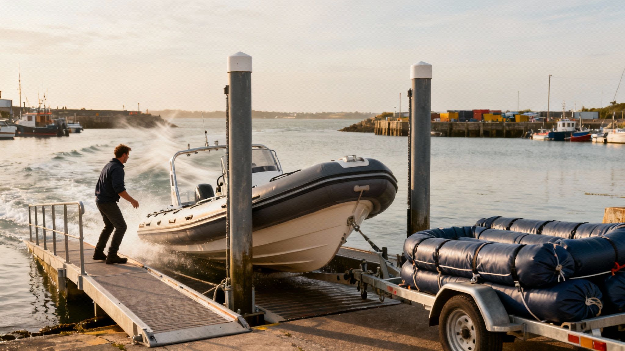A man launches a rigid-hulled inflatable boat (RIB) from a ramp into a marina, with a trailer nearby.