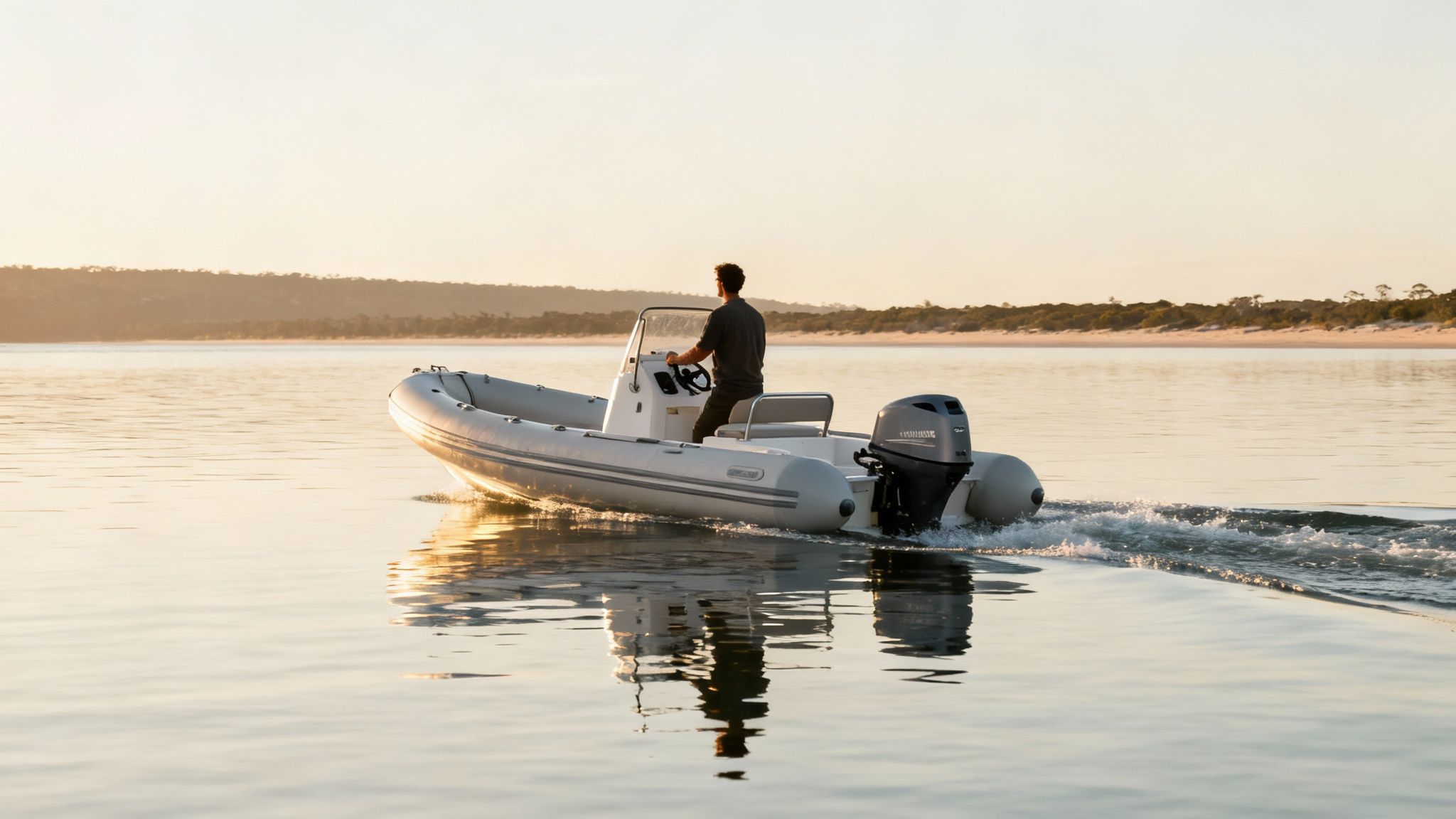 Man steering a white rigid inflatable boat with an engine on calm water at sunset.