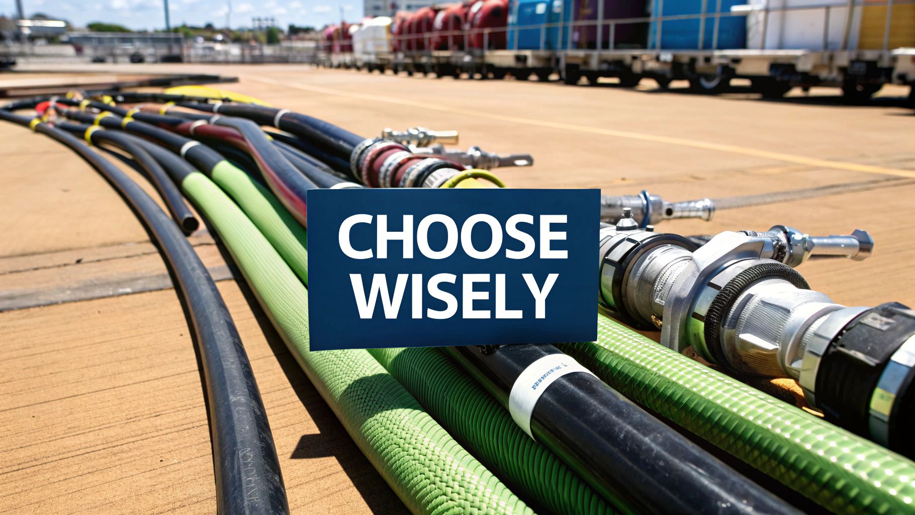 A coiled outboard engine fuel line with connectors lying on a wooden dock.