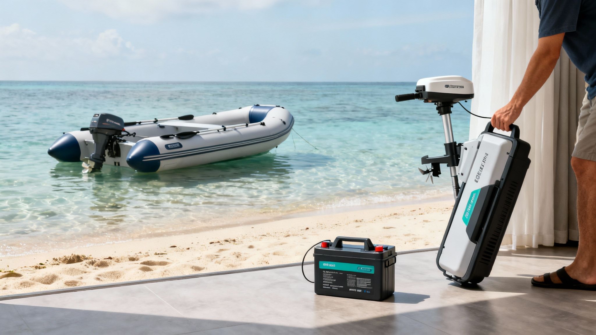 Portable electric outboard motor with battery pack on beach next to inflatable boat