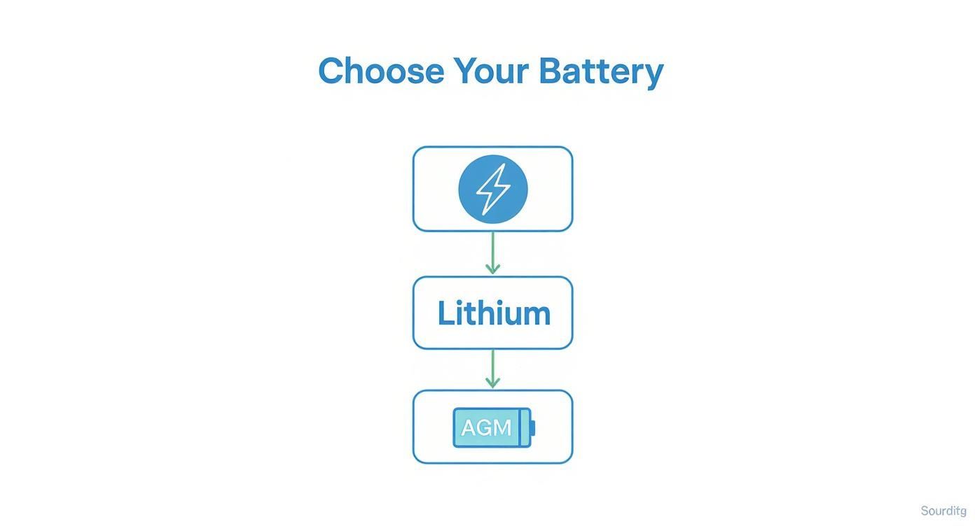 A flow diagram titled 'Choose Your Battery' outlining options for Lithium and AGM battery types.