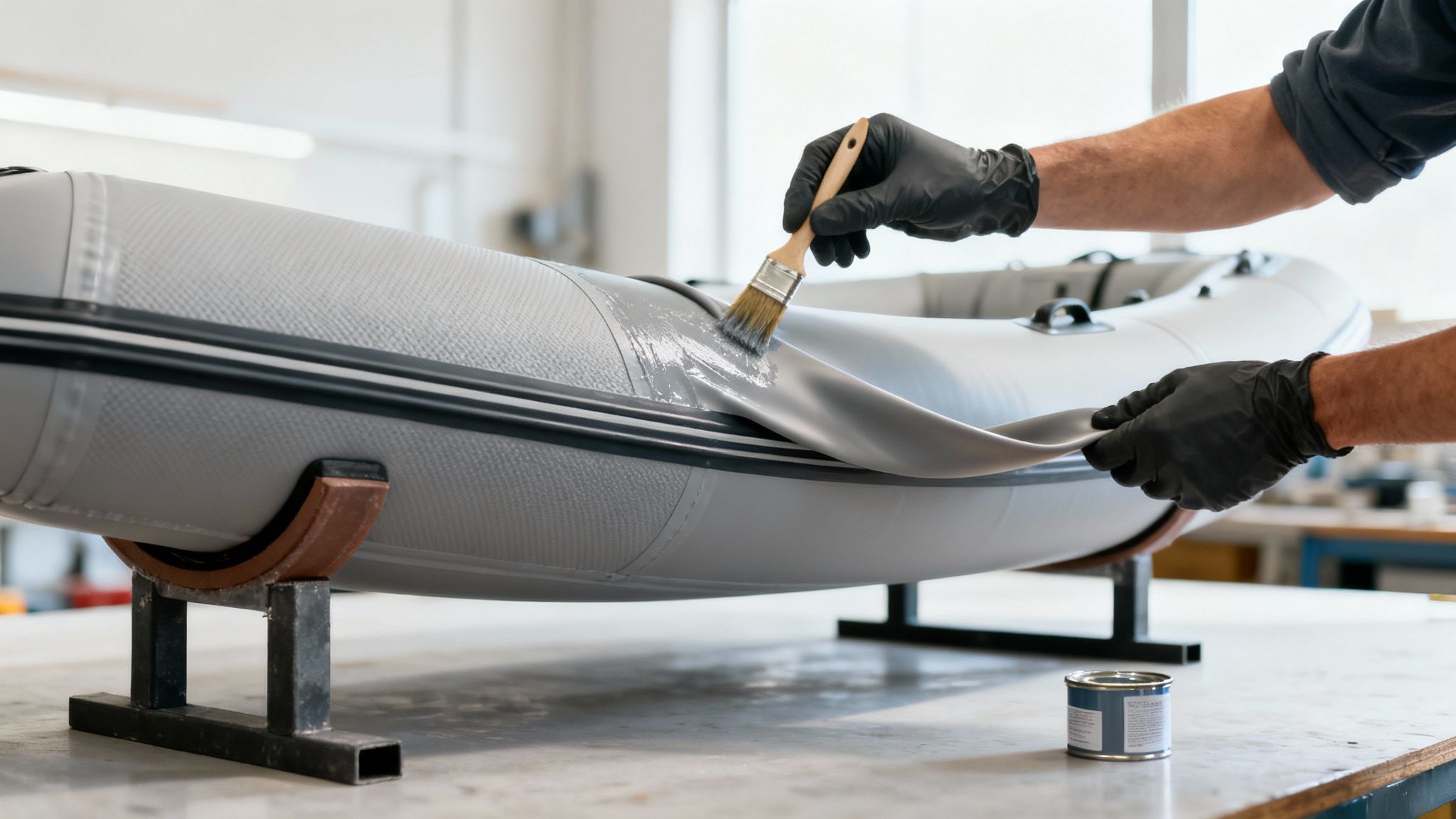 Worker in black gloves applying sealant with a paintbrush to a gray inflatable boat.